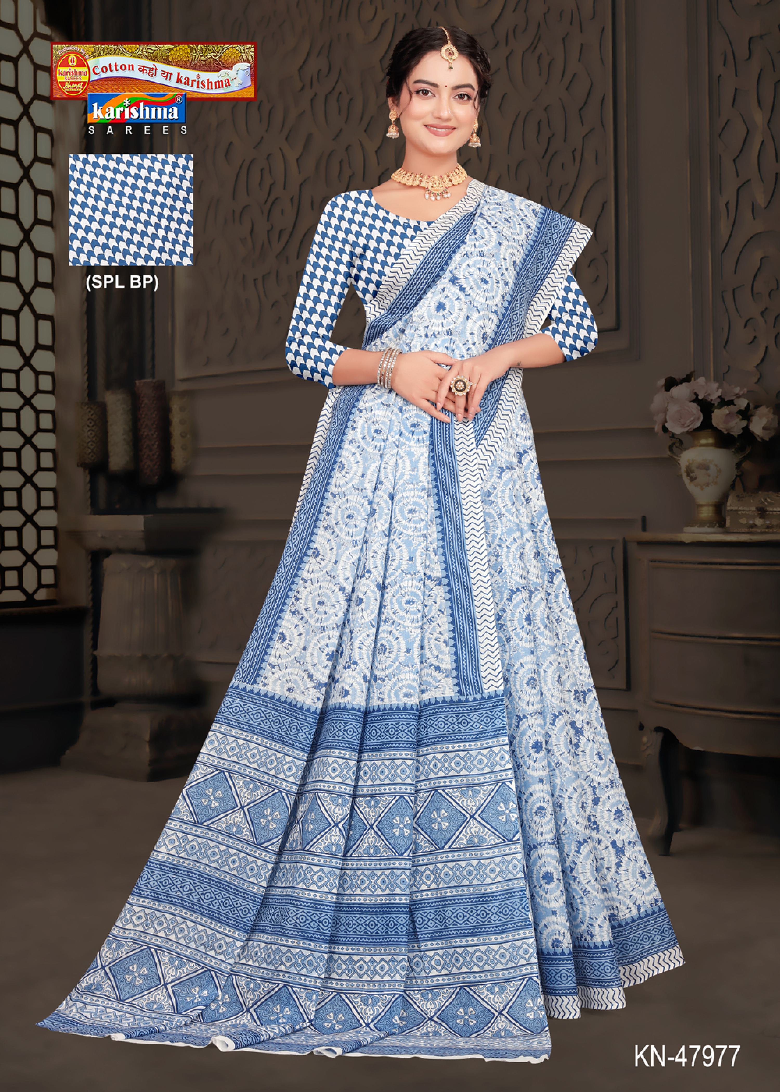 Blue White Pure Cotton Malai (Soft) Saree With Simple Print And Elegant Look