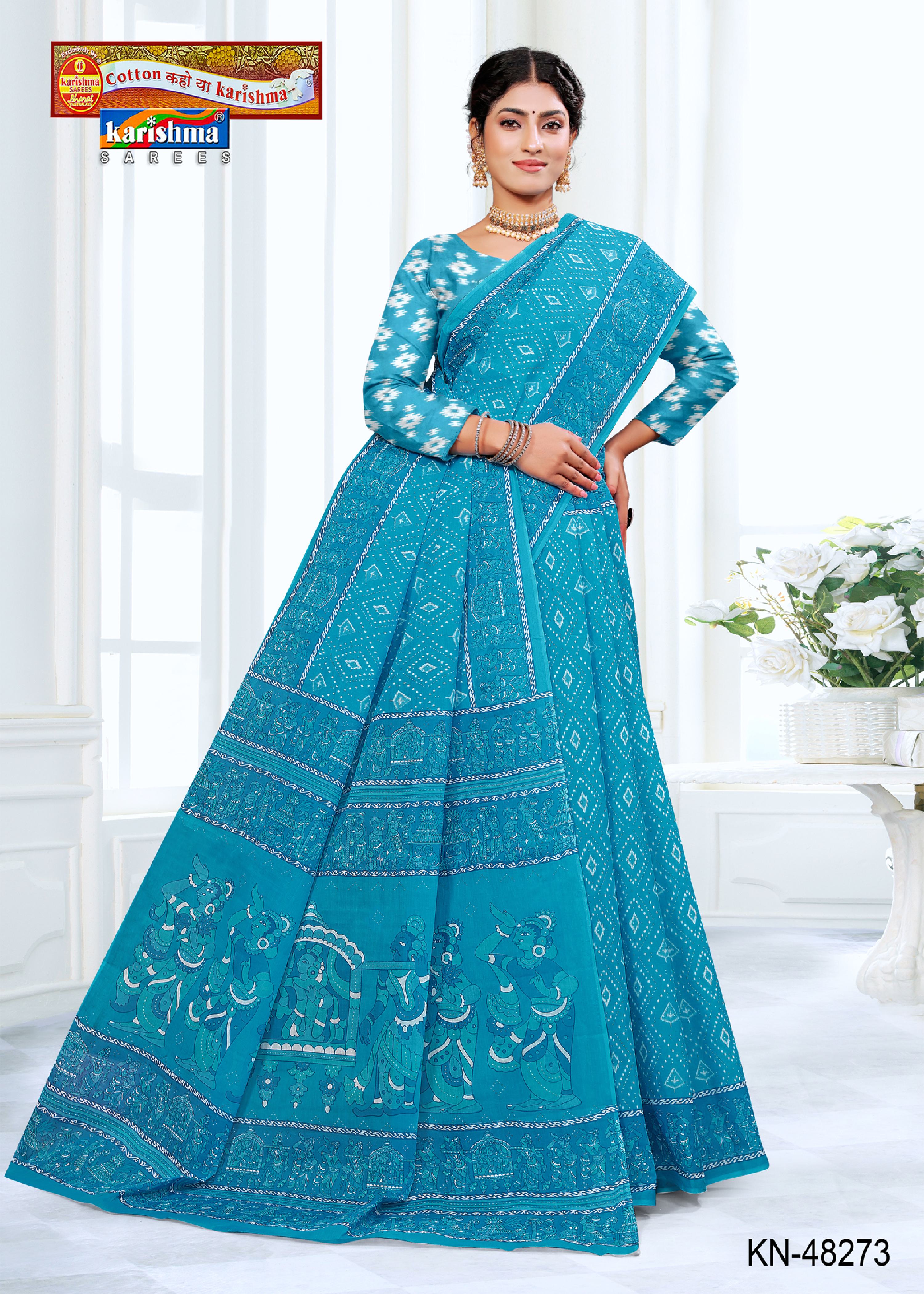 Blue Pure Cotton Mulmul (Medium Soft) Saree With Ikat Style Print And Figure Print On Border And Pallu