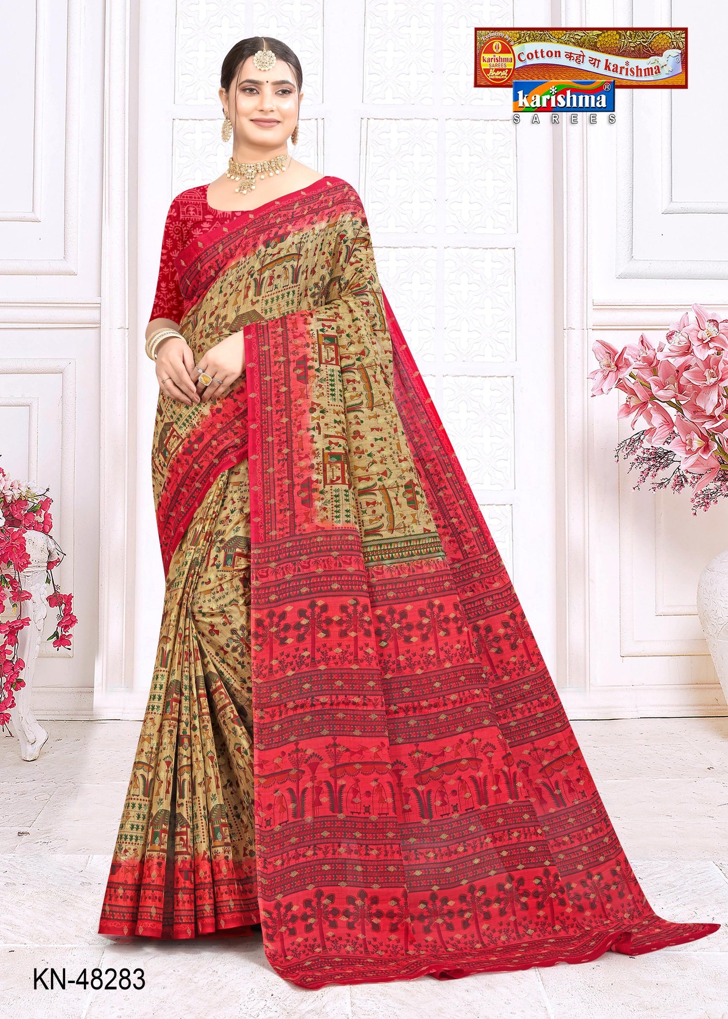 Red Pure Mulmul Saree With Tribal Warli Print