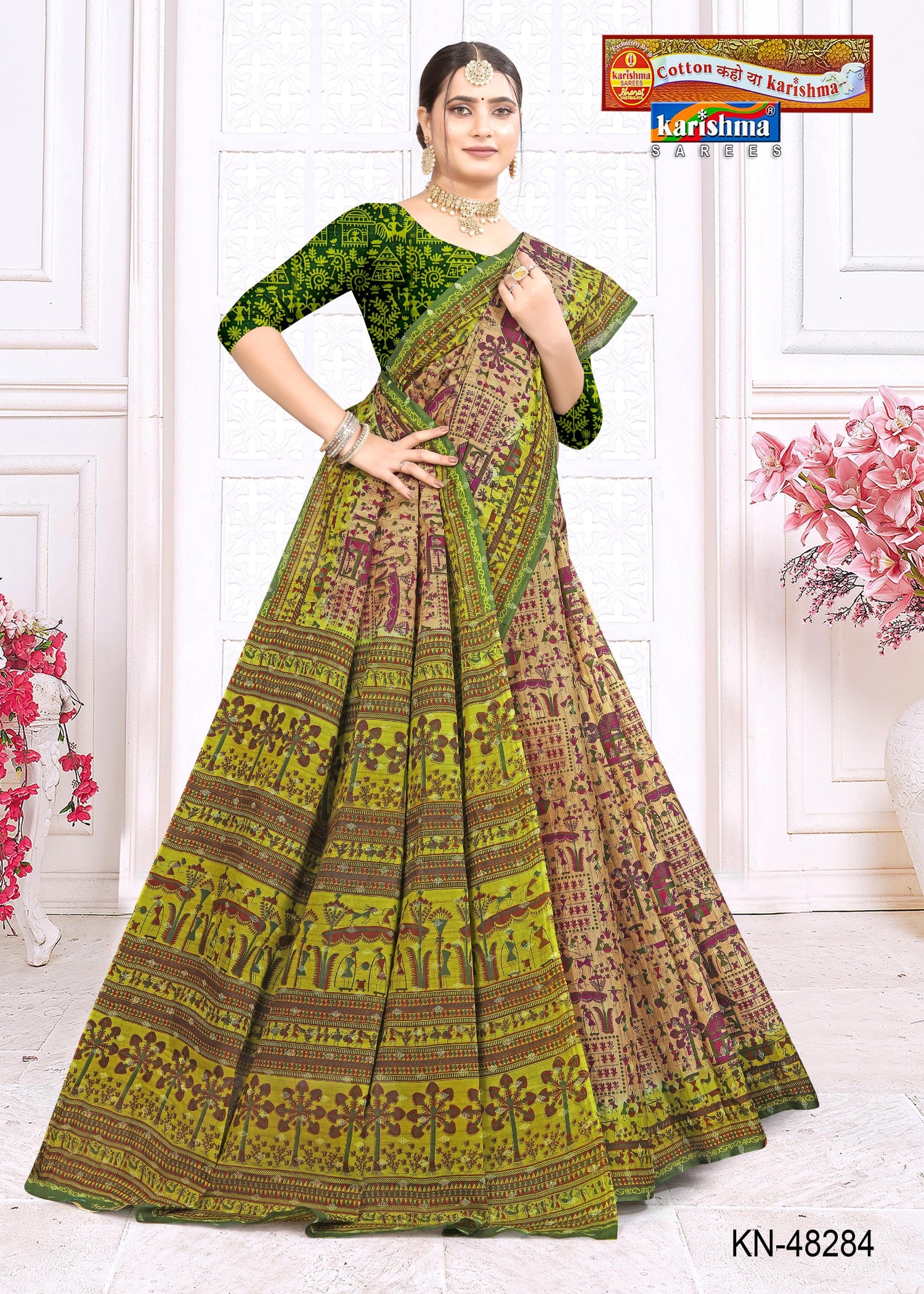 Green Pure Mulmul Saree With Tribal Warli Print
