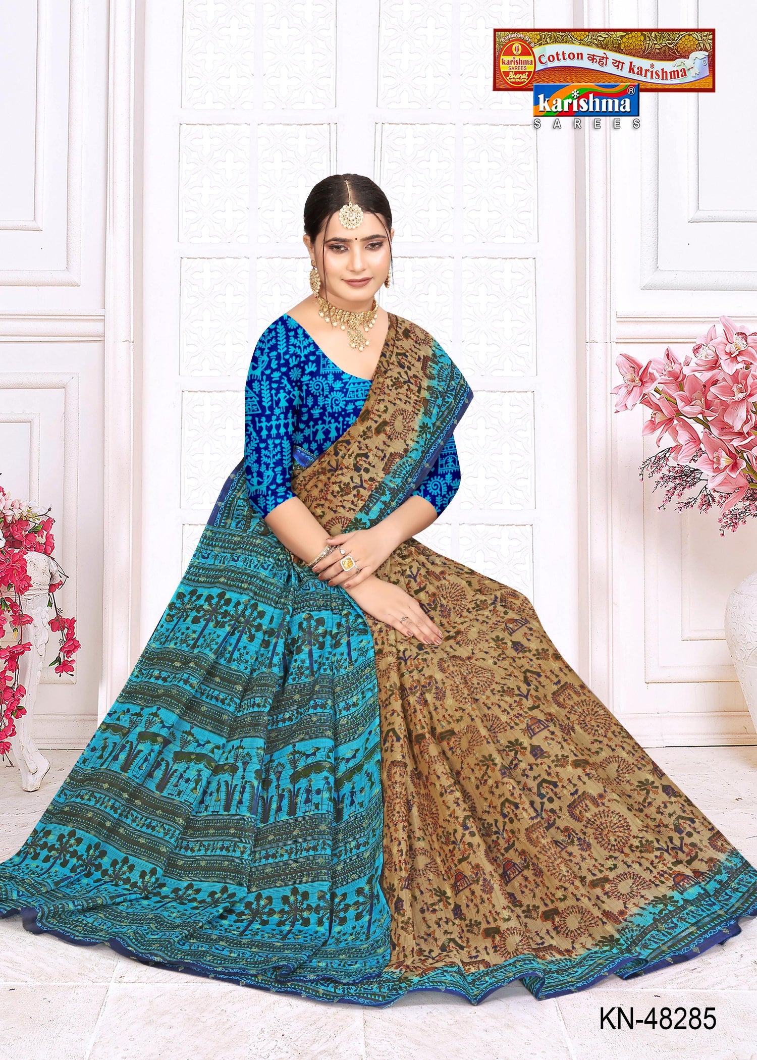 Blue Pure Mulmul Saree With Tribal Warli Print