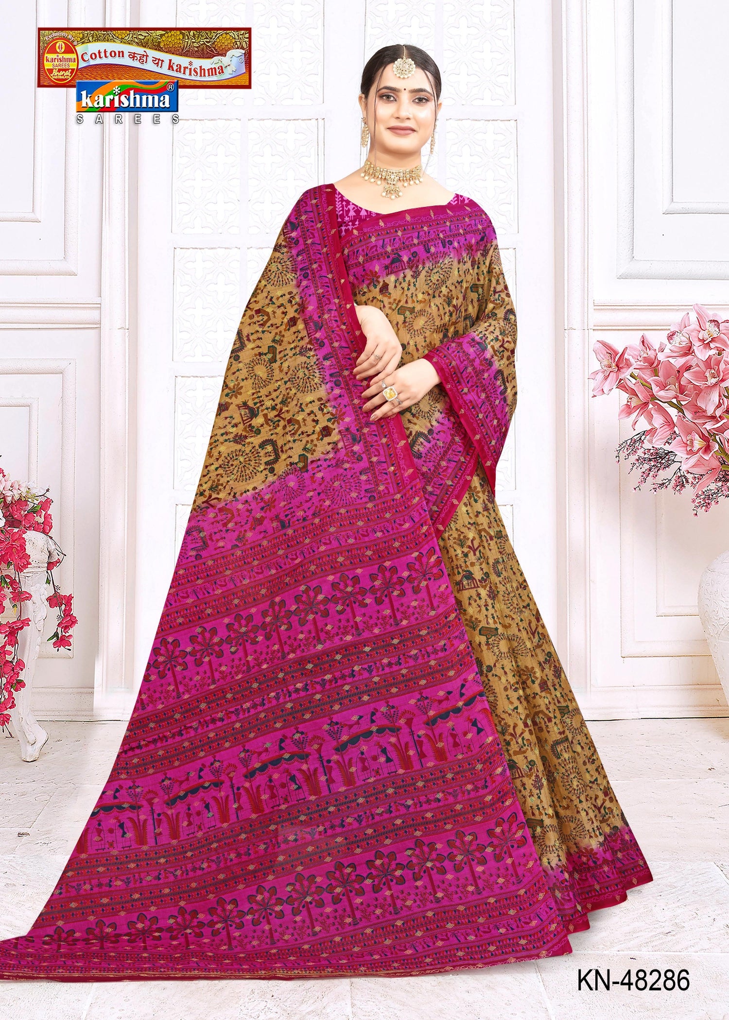 Pink Pure Mulmul Saree With Tribal Warli Print