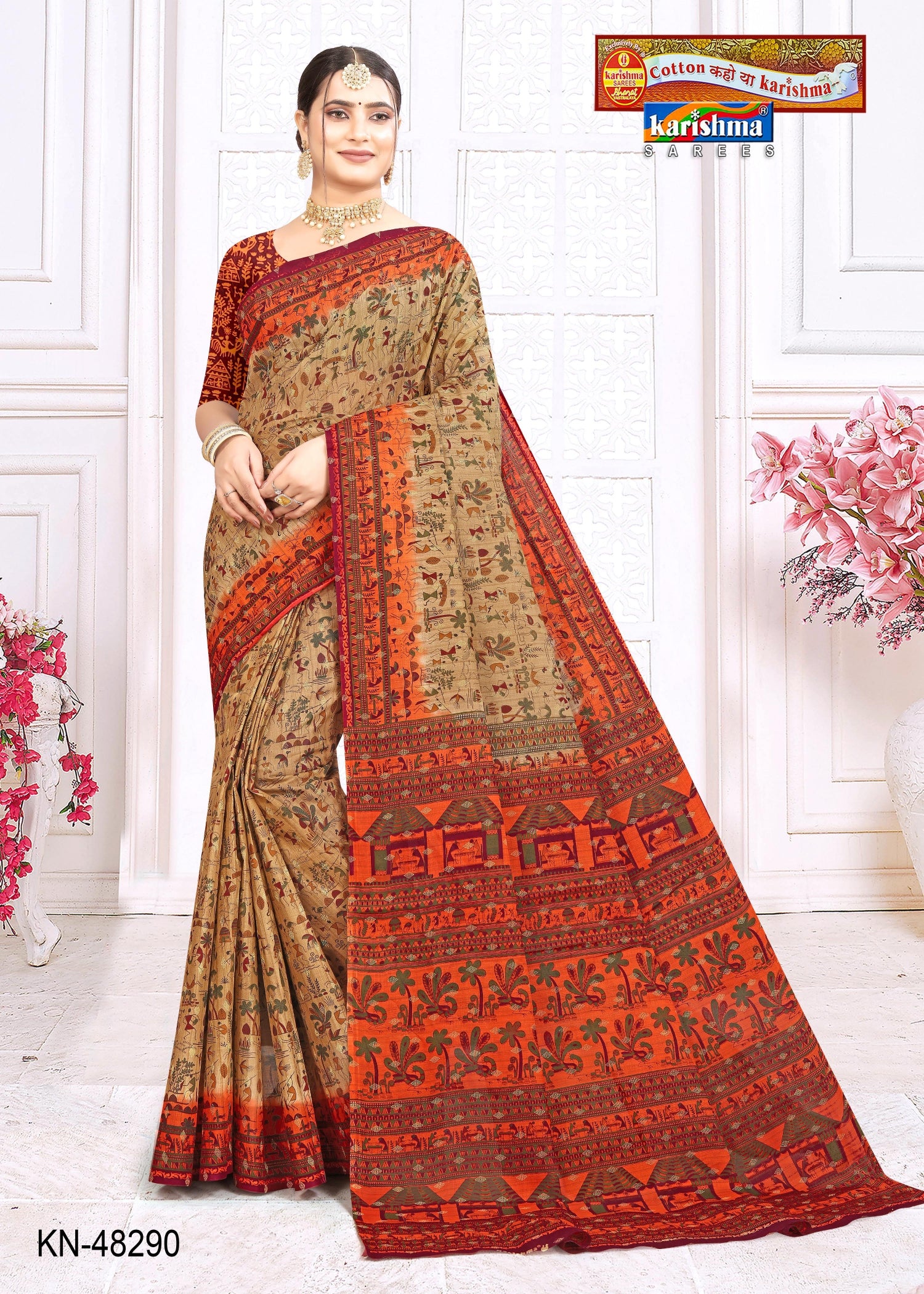 Orange Pure Mulmul Saree With Tribal Warli Print