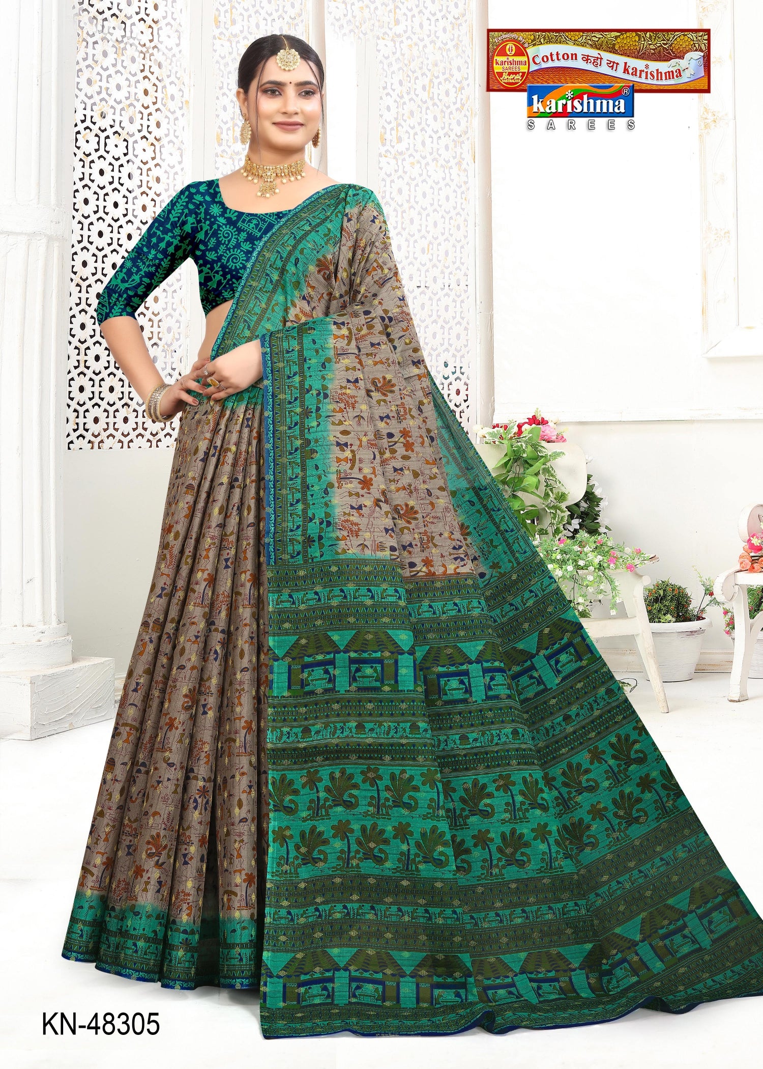 Sea Green Pure Cotton Mulmul (Stiff) Saree With Traditional Indian Warli Print