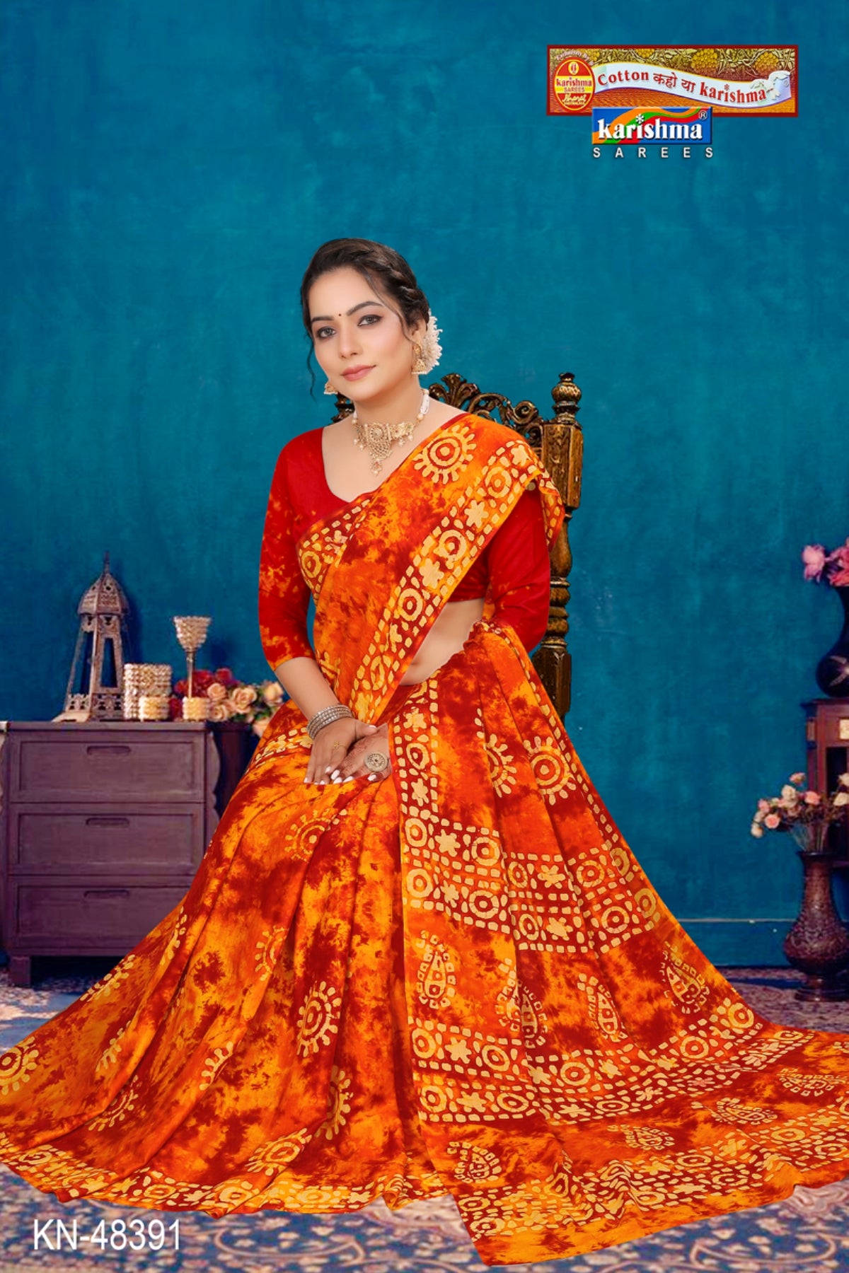 Yellow & Red Pure Cotton Muslin (Soft) Saree With Batik Print