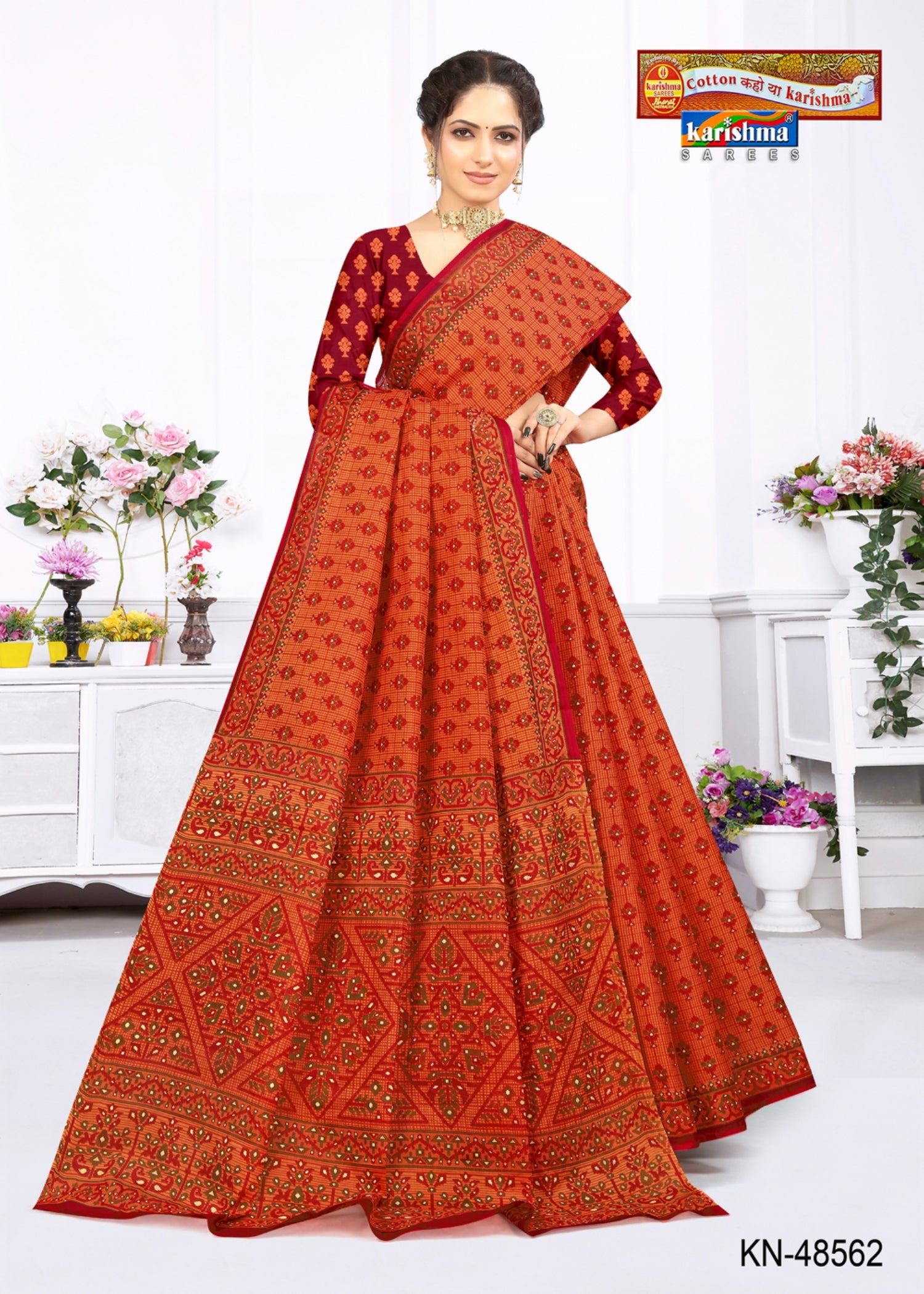 Orange Pure Cotton Mulmul (Stiff) Saree With Intricate Floral And Geometric Design