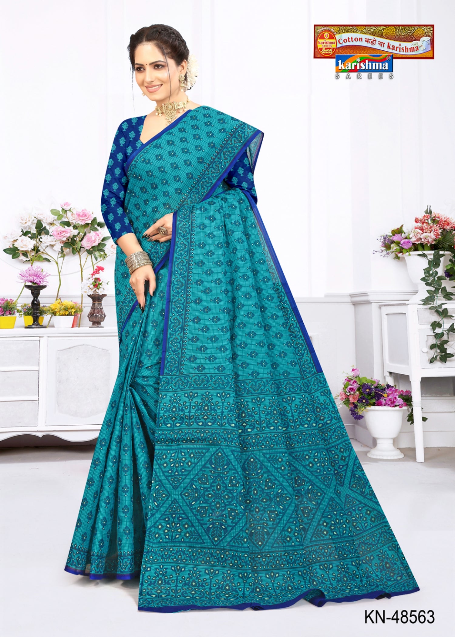 Blue Pure Cotton Mulmul (Stiff) Saree With Intricate Floral And Geometric Design