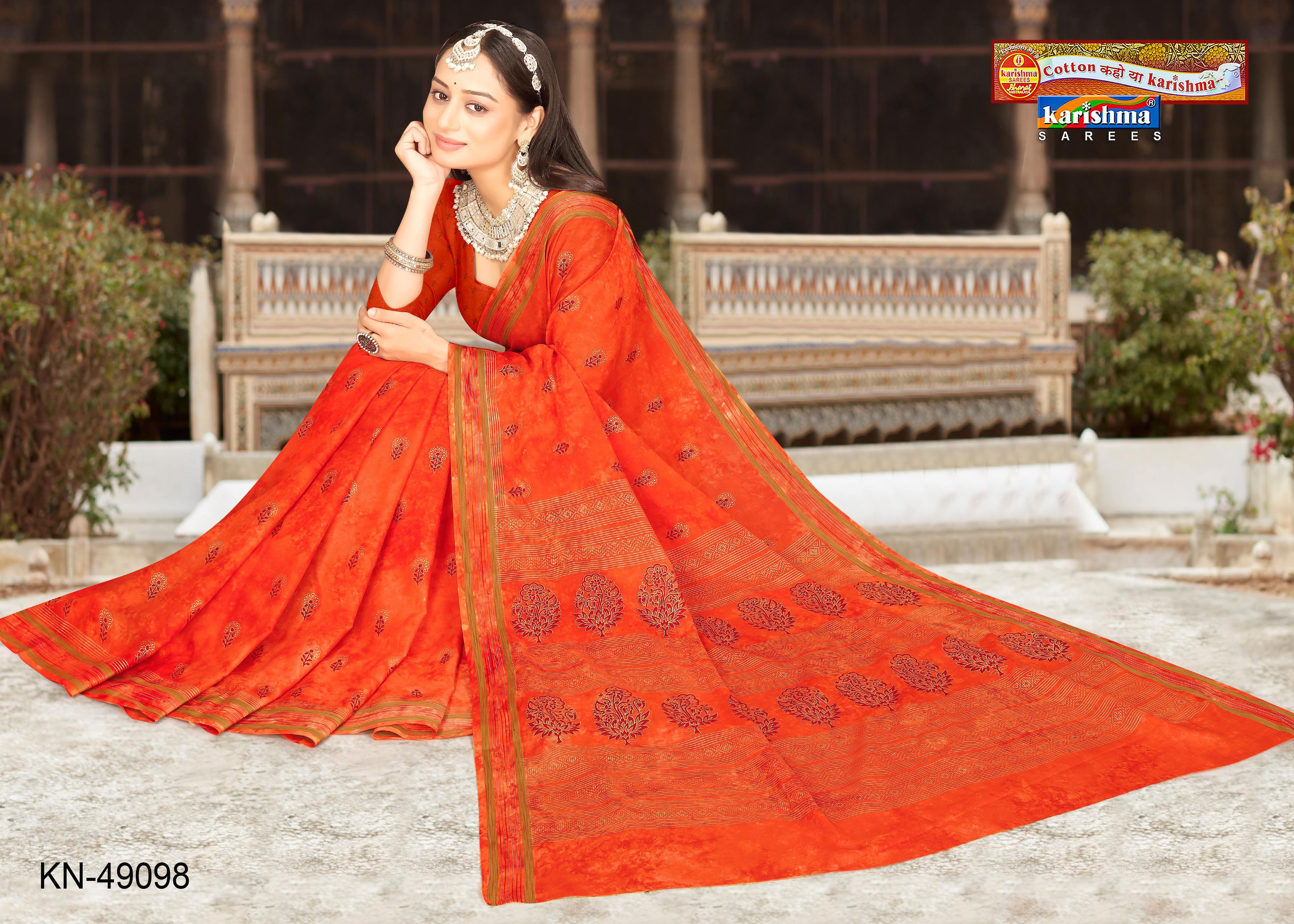 Orange Pure Cotton (Soft) Malai Saree With Delicate Floral Design And Simple Border