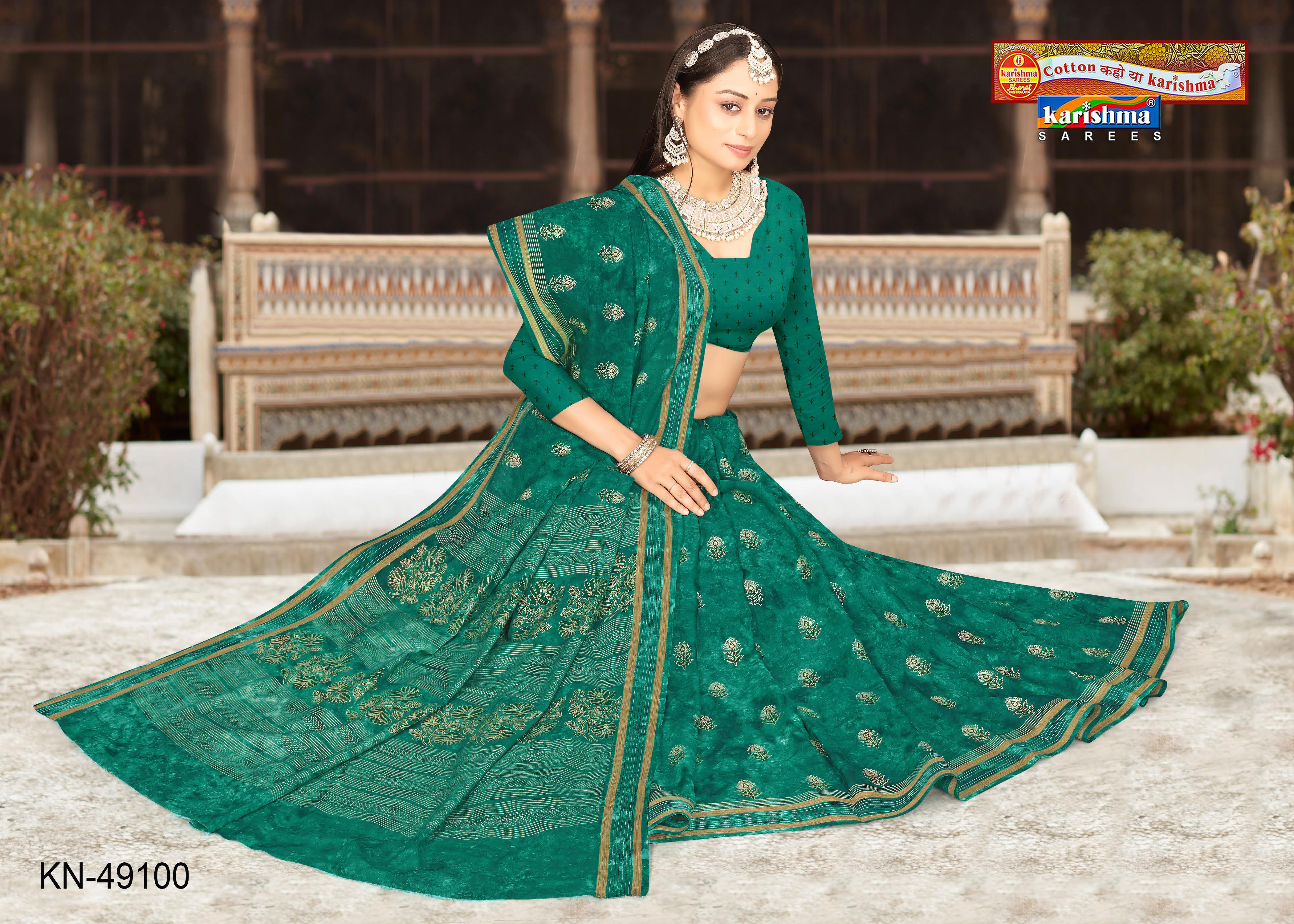 Sea Green Pure Cotton (Soft) Malai Saree With Delicate Floral Design And Simple Border