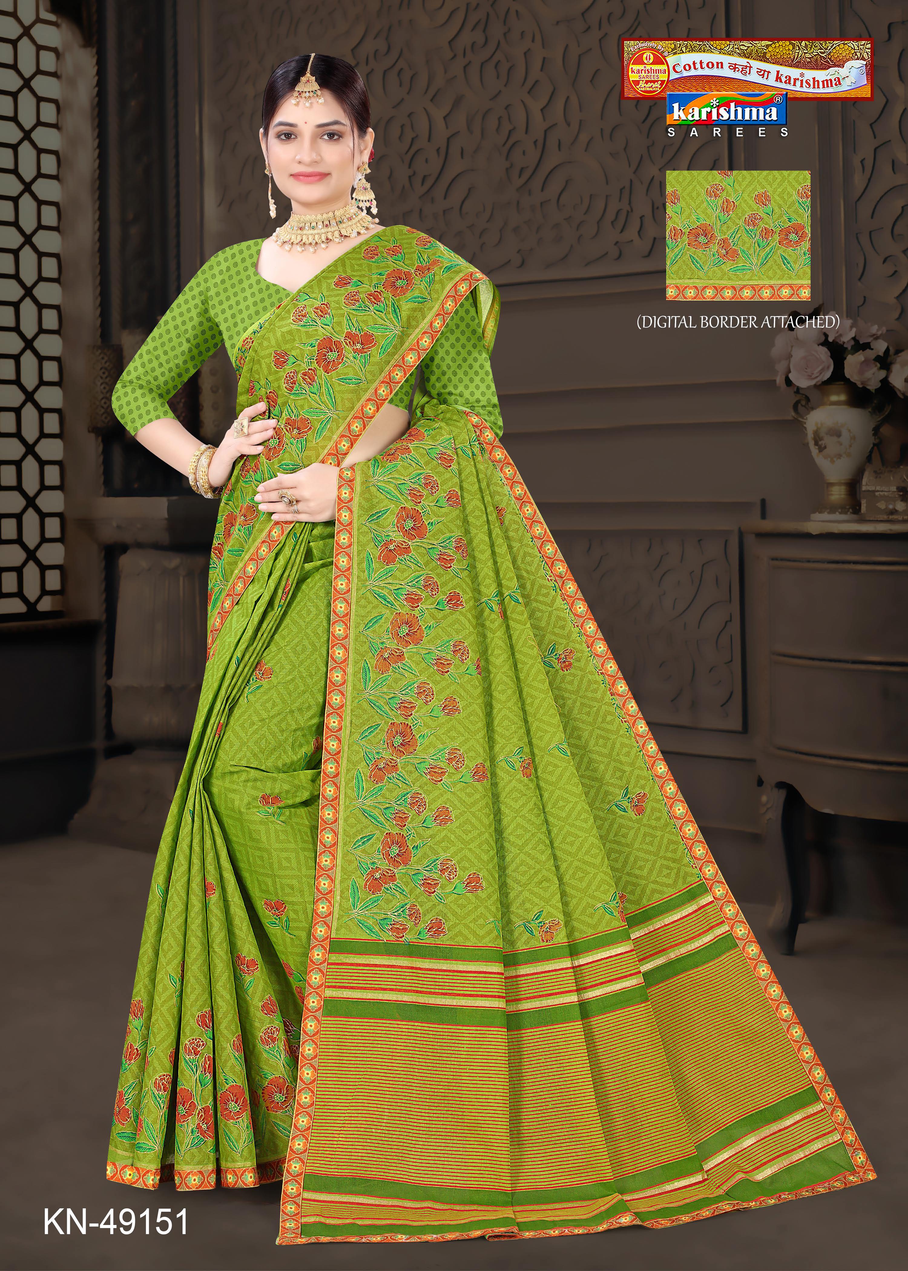 Green Pure Cotton Mulmul ( Soft) Saree With Floral Print And Colorful Border
