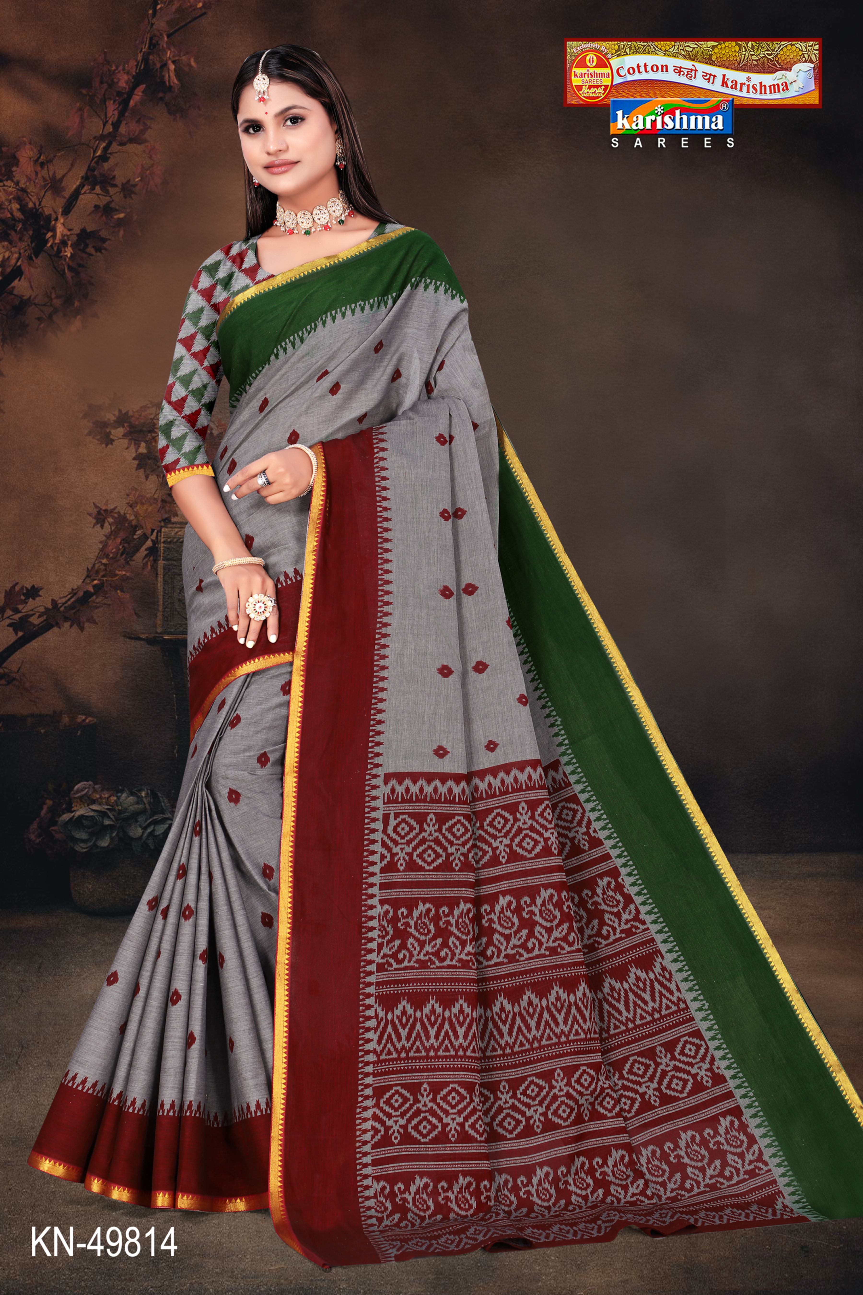 Maroon and Grey Pure Cotton Muslin (Soft) Saree With Ikat Print And Soft Golden Border