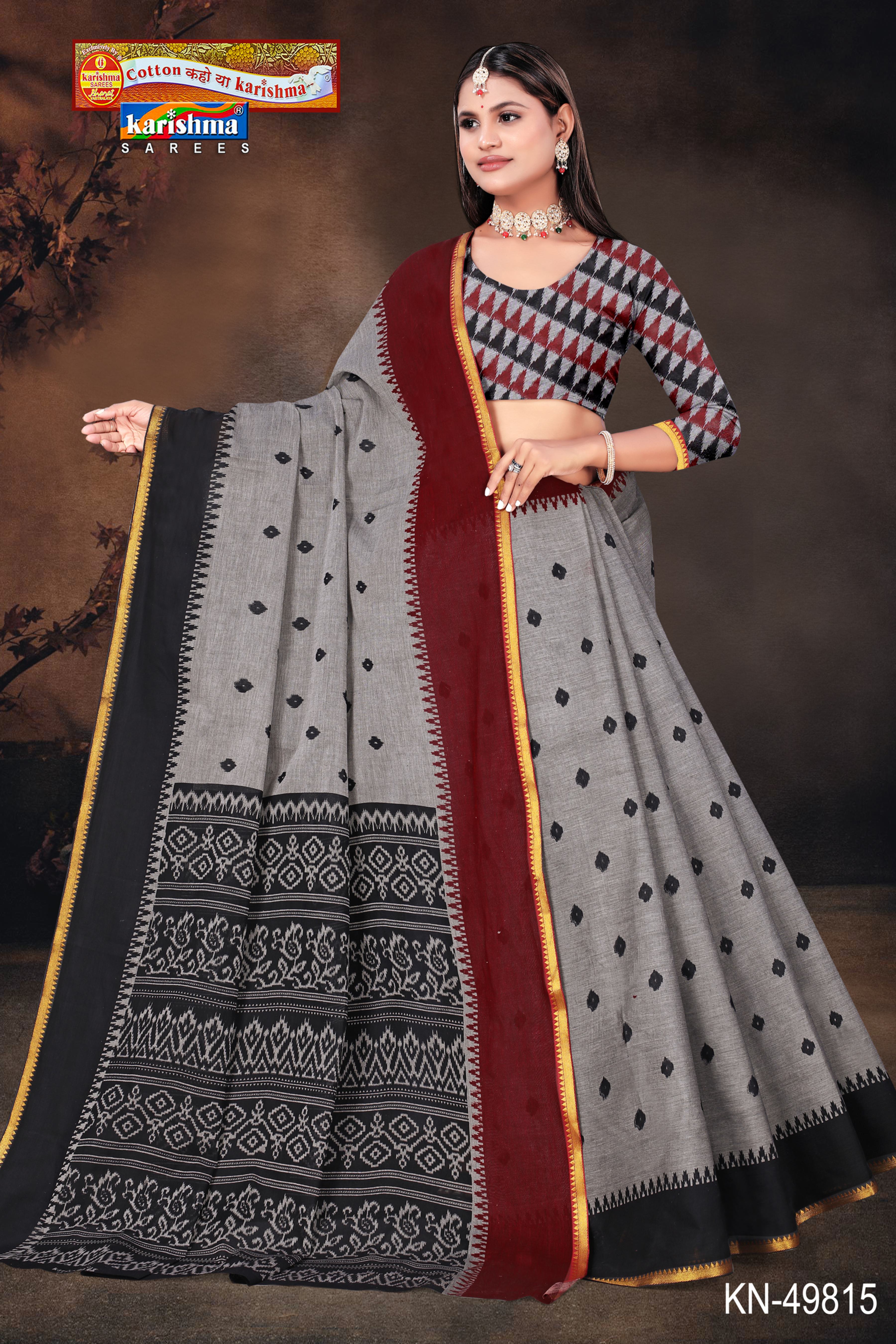 Black and Grey Pure Cotton Muslin (Soft) Saree With Ikat Print And Soft Golden Border