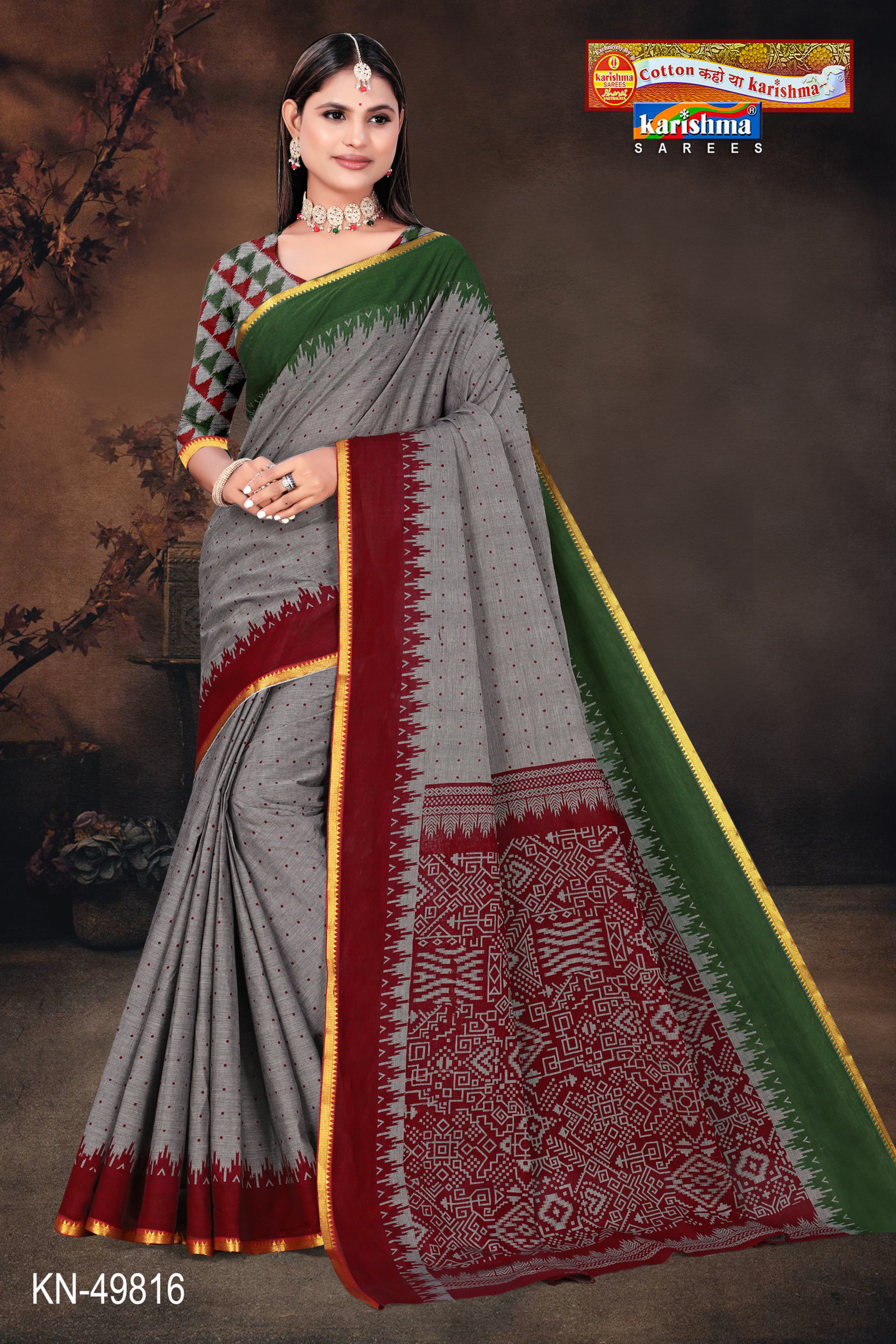 Maroon and Grey Pure Cotton Muslin (Soft) Saree With Ikat Print And Soft Golden Border