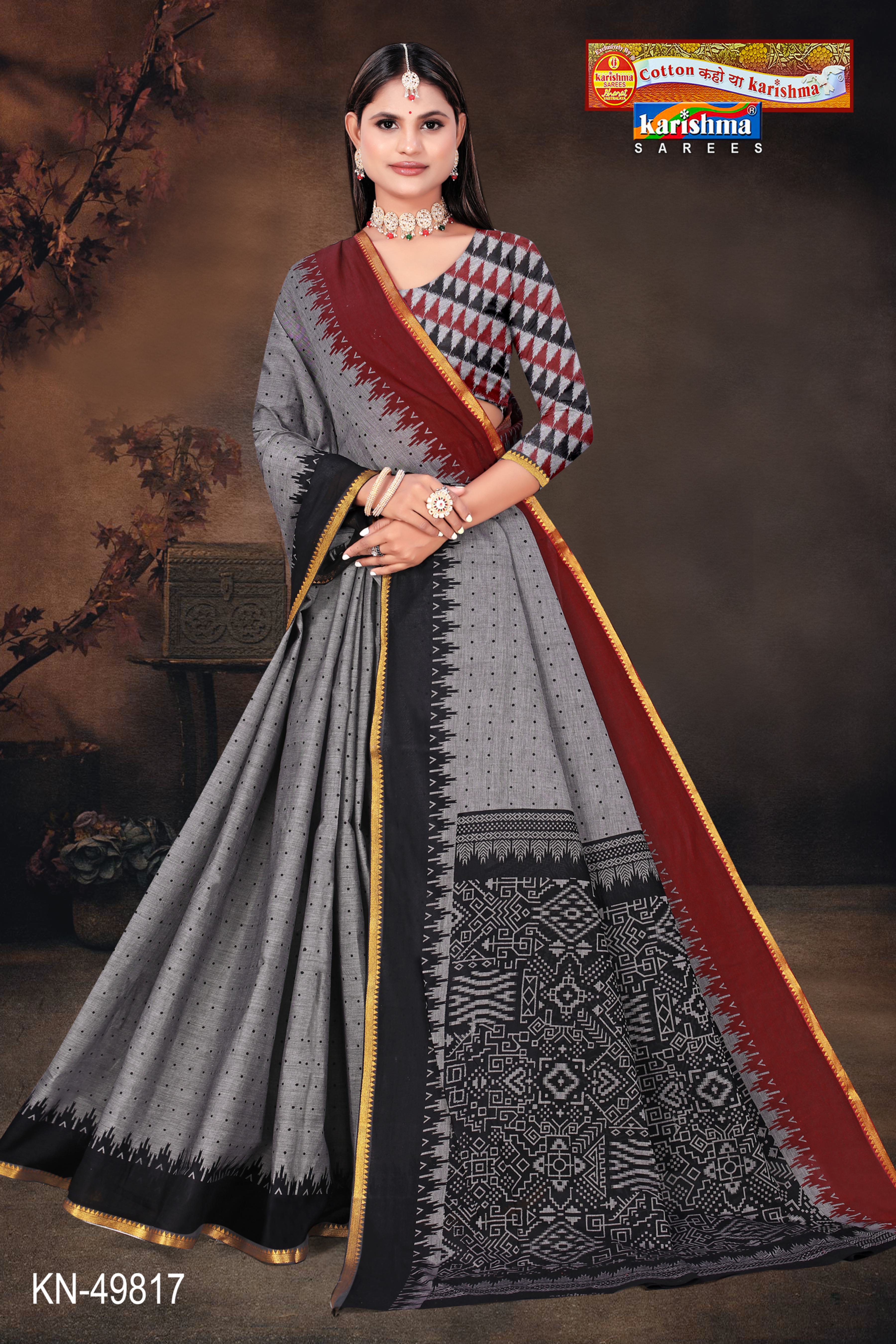 Black and Grey Pure Cotton Muslin (Soft) Saree With Ikat Print And Soft Golden Border