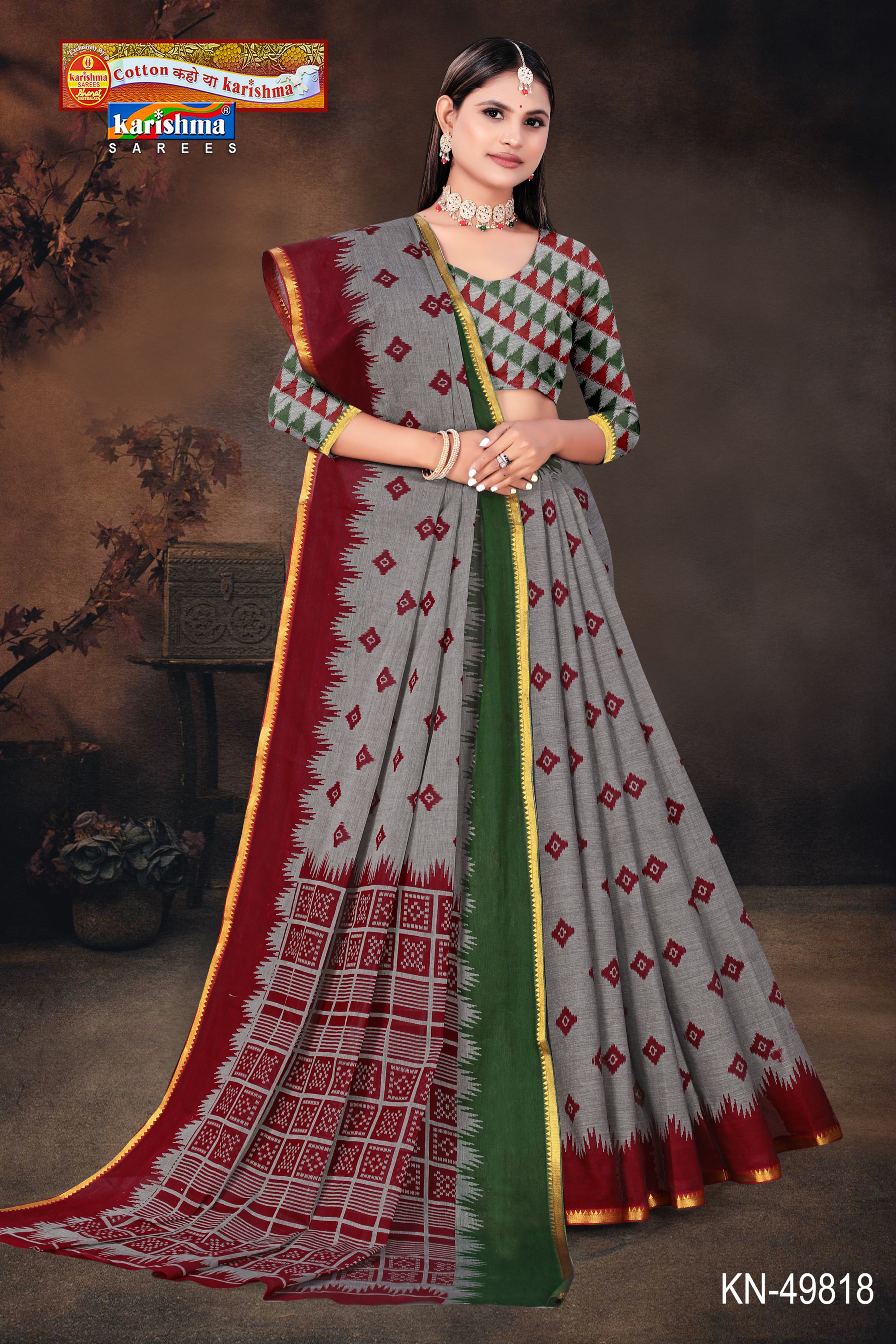 Maroon and Grey Pure Cotton Muslin (Soft) Saree With Ikat Print And Soft Golden Border