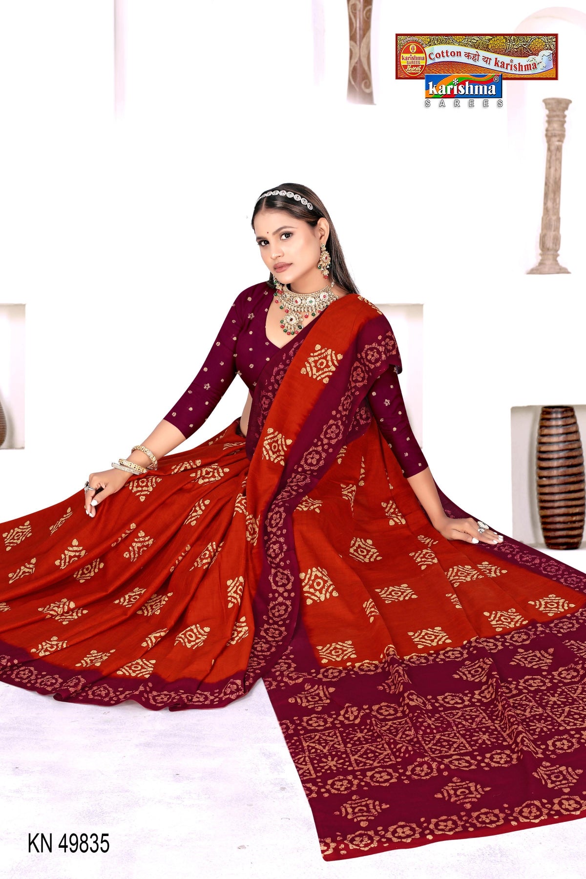 Maroon Pure Cotton Muslin (Soft) Saree With Traditional Batik Design