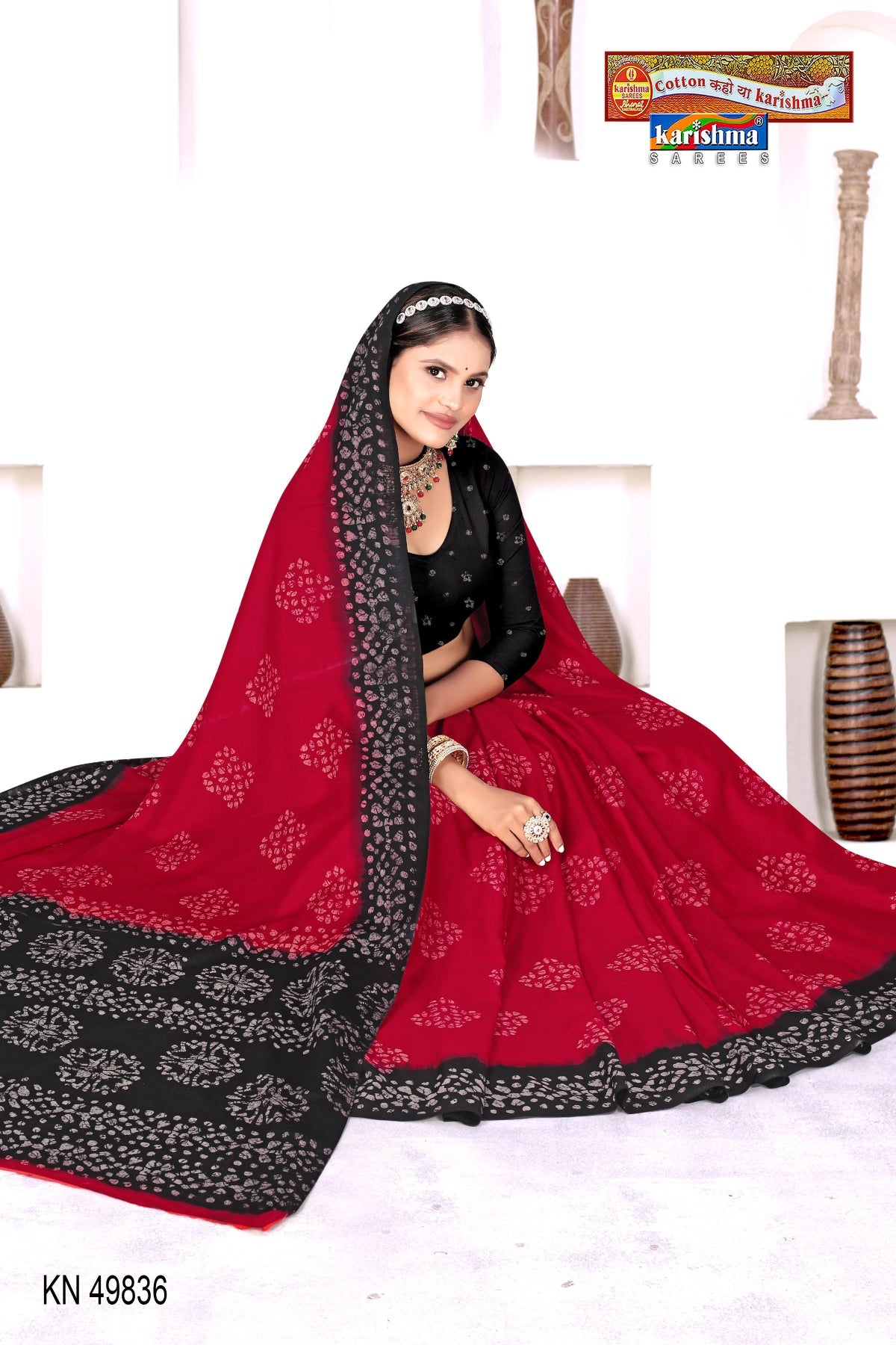 Red Pure Cotton Muslin (Soft) Saree With Traditional Batik Design