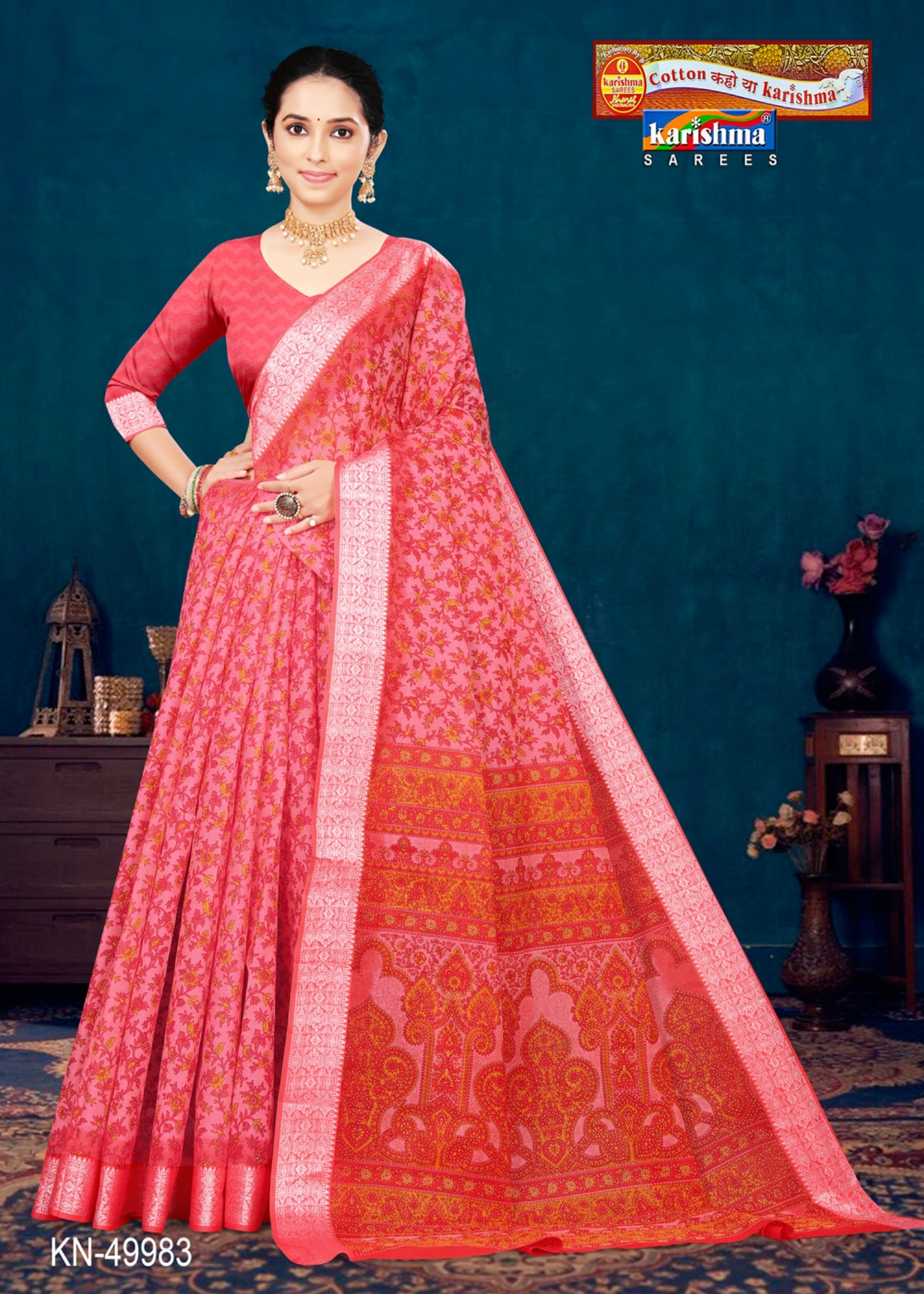 Peach Pure Cotton Mulmul (Medium Soft) Saree With Delicate Floral Print