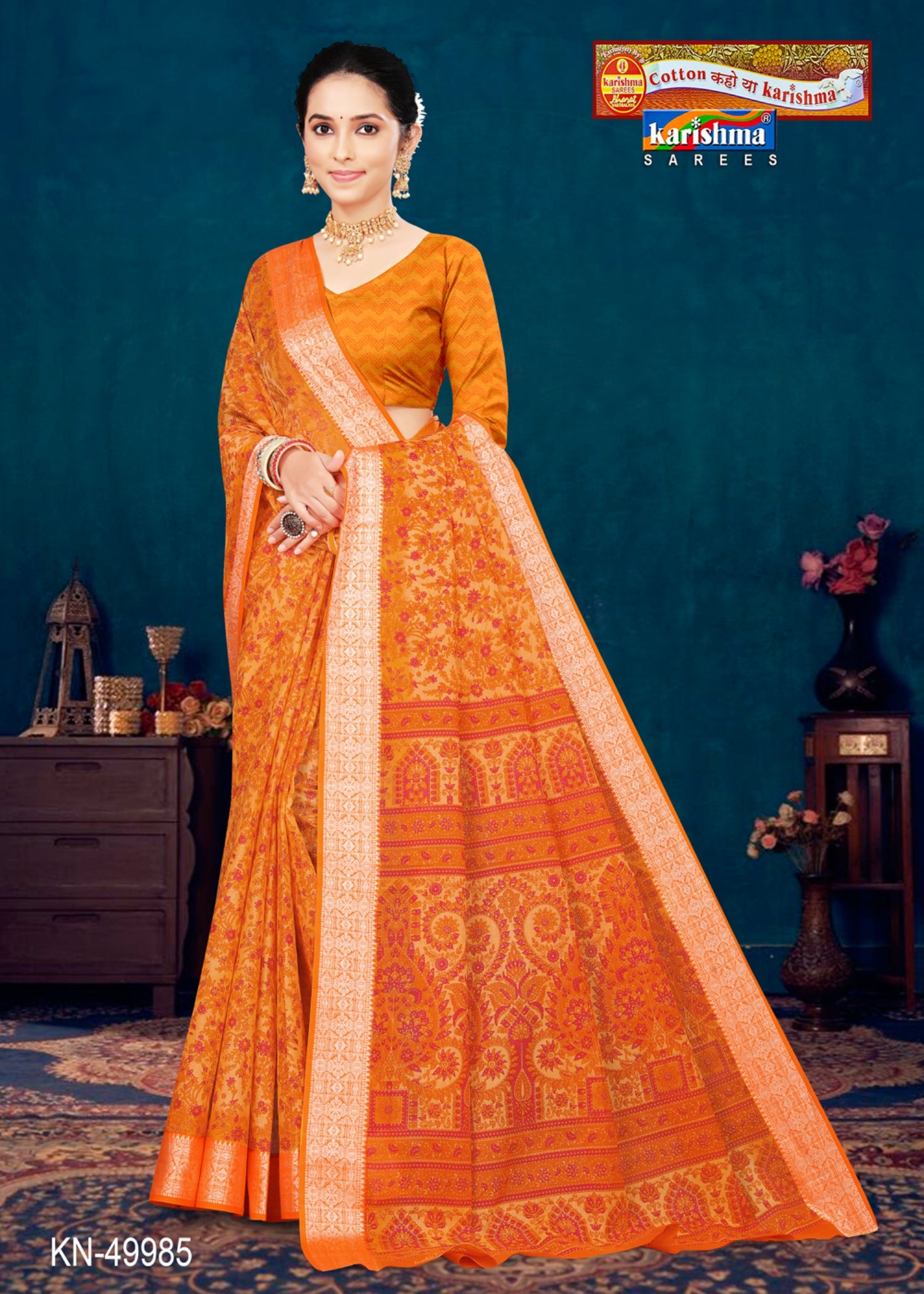Orange Pure Cotton Mulmul (Medium Soft) Saree With Delicate Floral Print