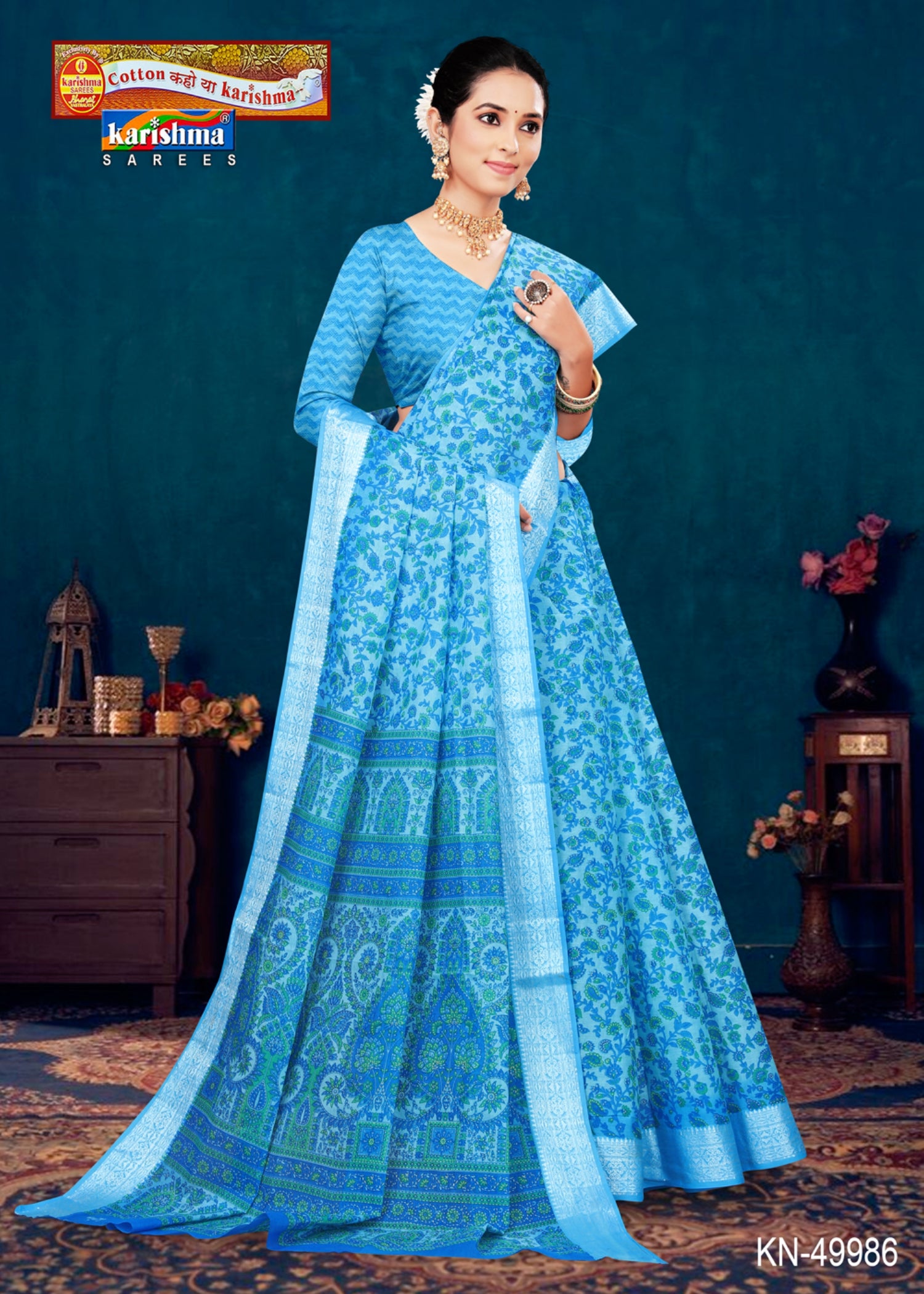 Blue Pure Cotton Mulmul (Medium Soft) Saree With Delicate Floral Print