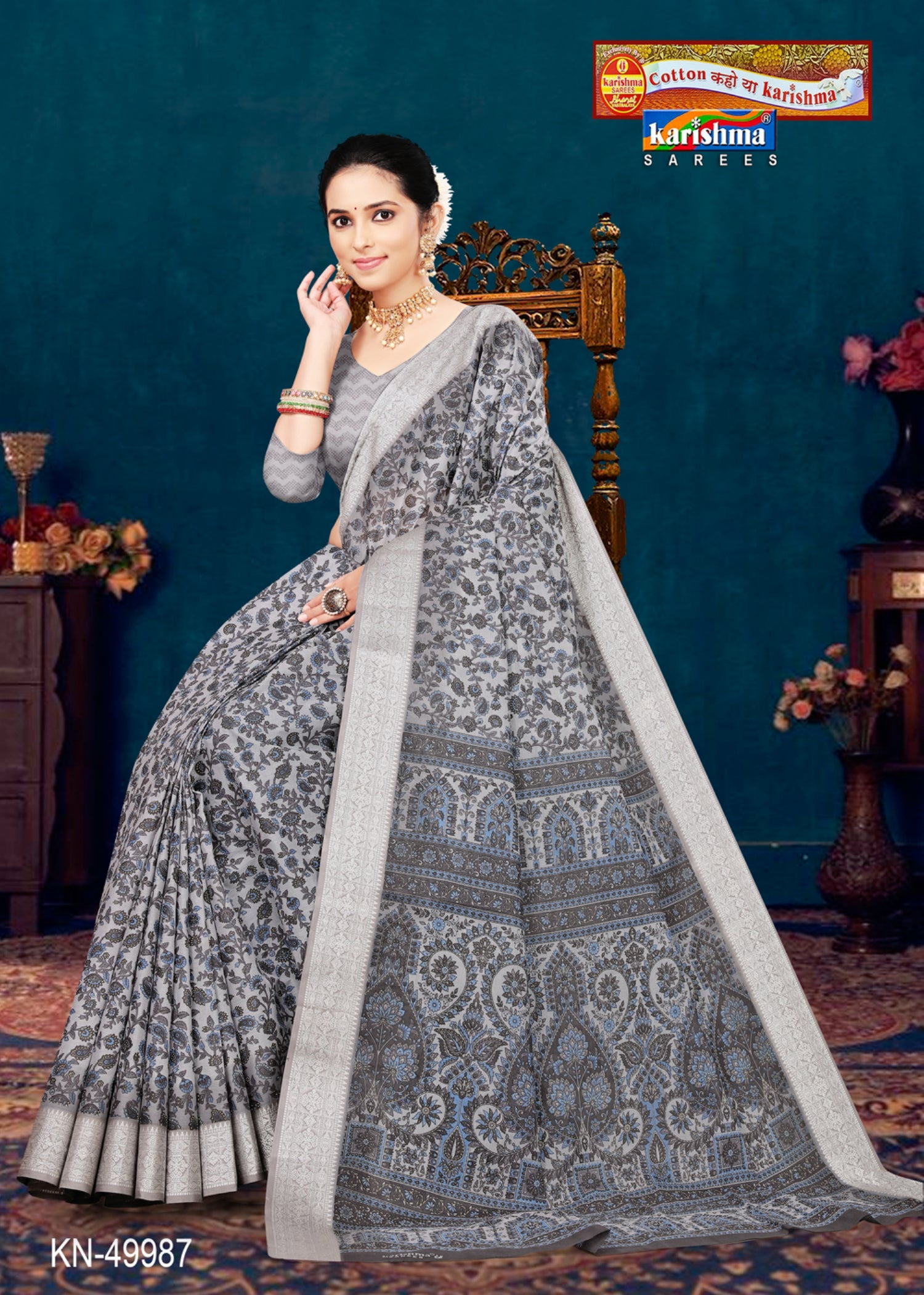Grey Pure Cotton Mulmul (Medium Soft) Saree With Delicate Floral Print