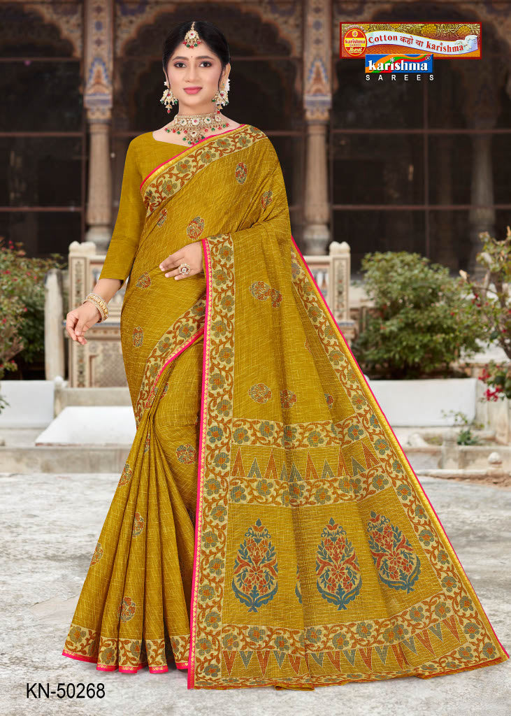 Olive Pure Cotton (Medium Soft) Mulmul Saree With Delicate Floral Design