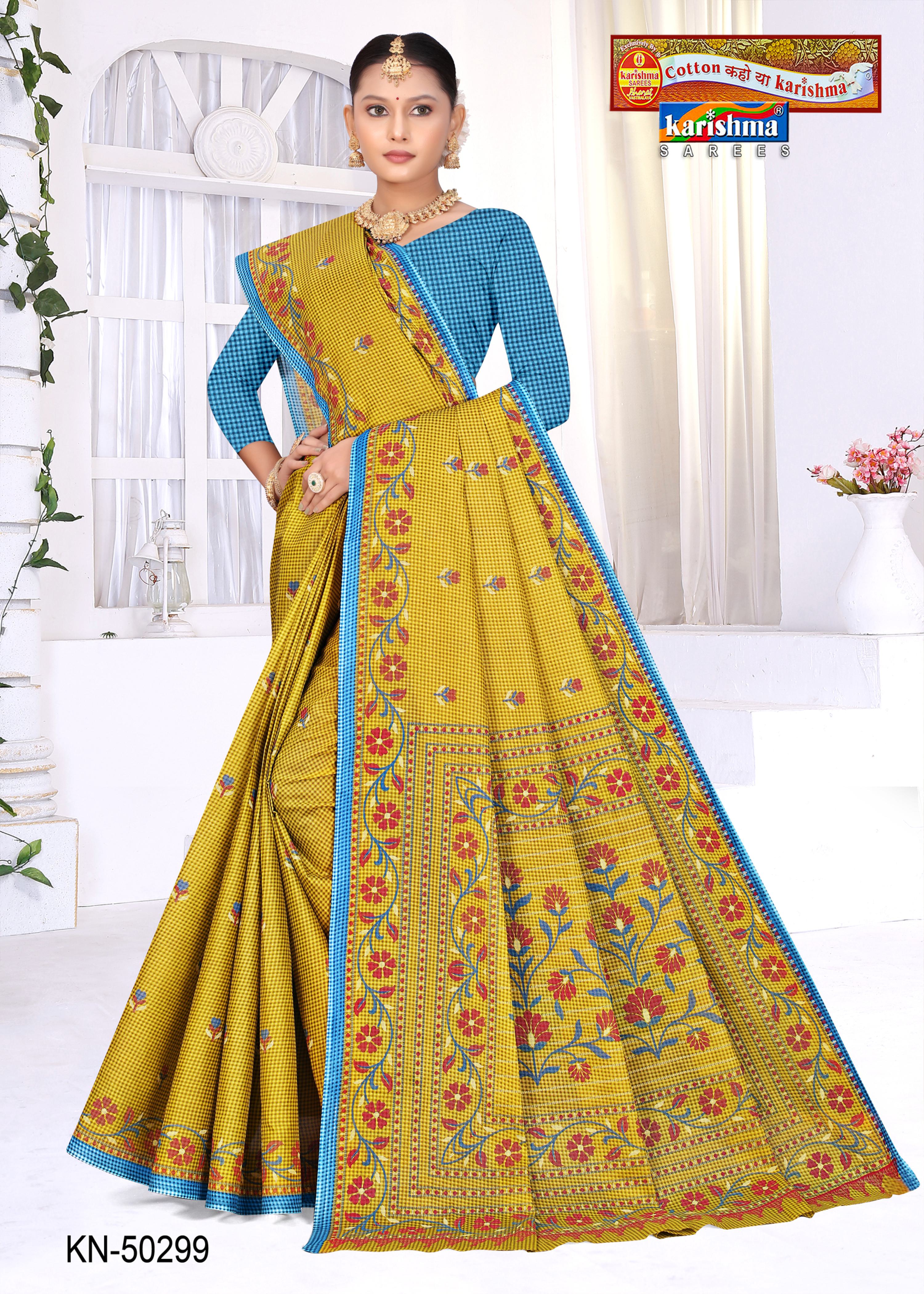 Yellow Pure Cotton (Stiff) Mulmul Saree With Check Pattern And Delicate Floral Design