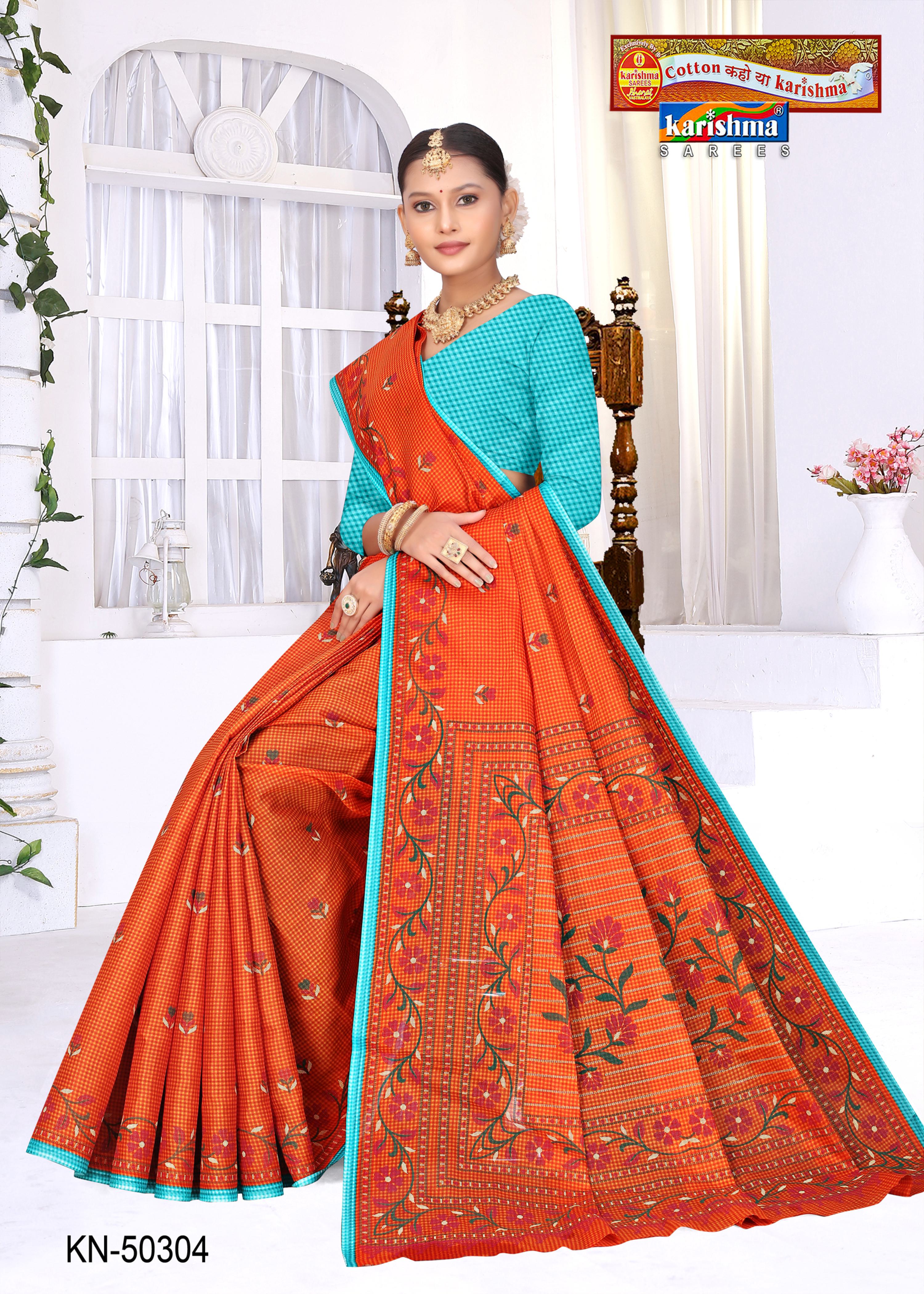 Rusty Orange Pure Cotton (Stiff) Mulmul Saree With Check Pattern And Delicate Floral Design