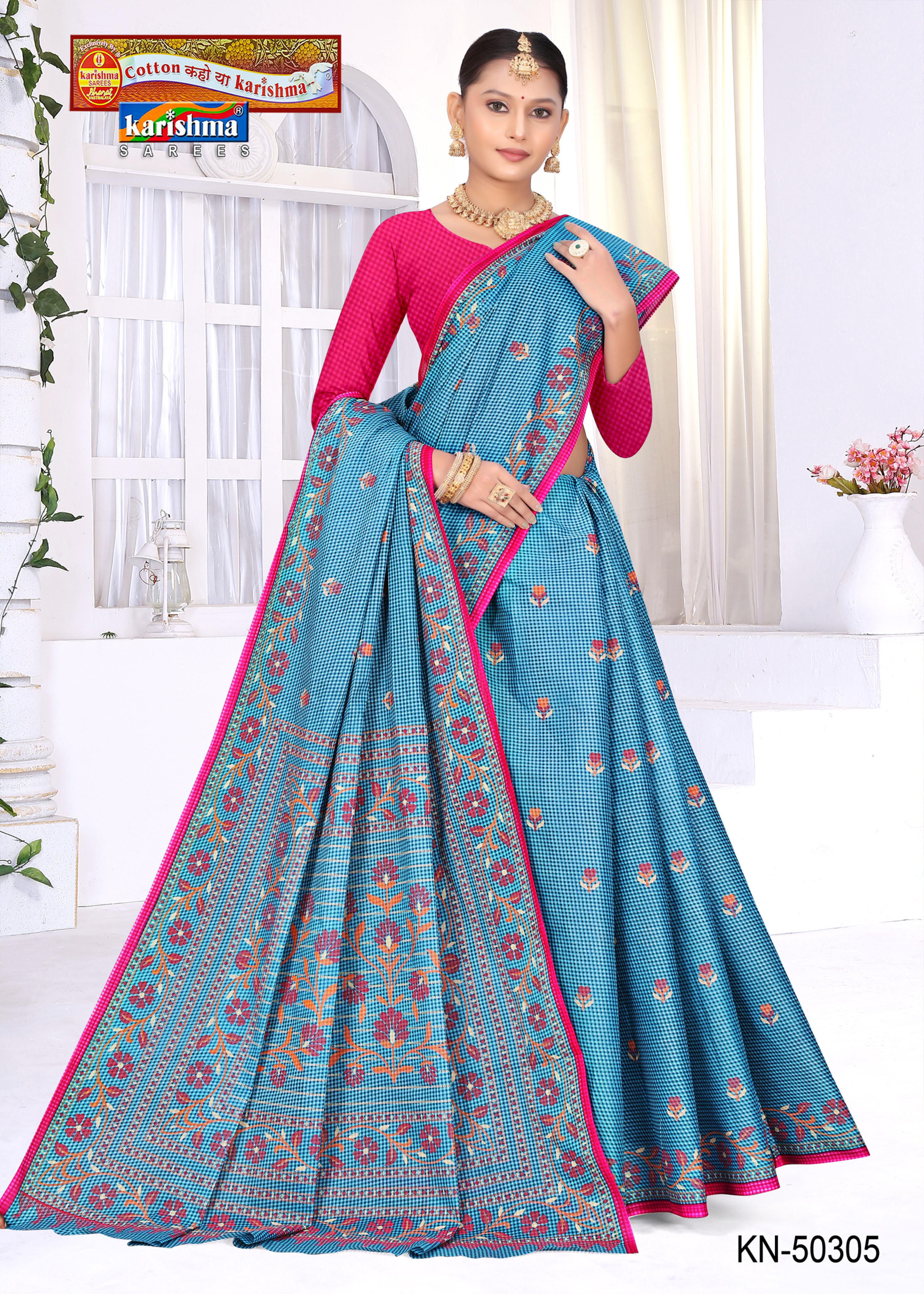 Blue Pure Cotton (Stiff) Mulmul Saree With Check Pattern And Delicate Floral Design