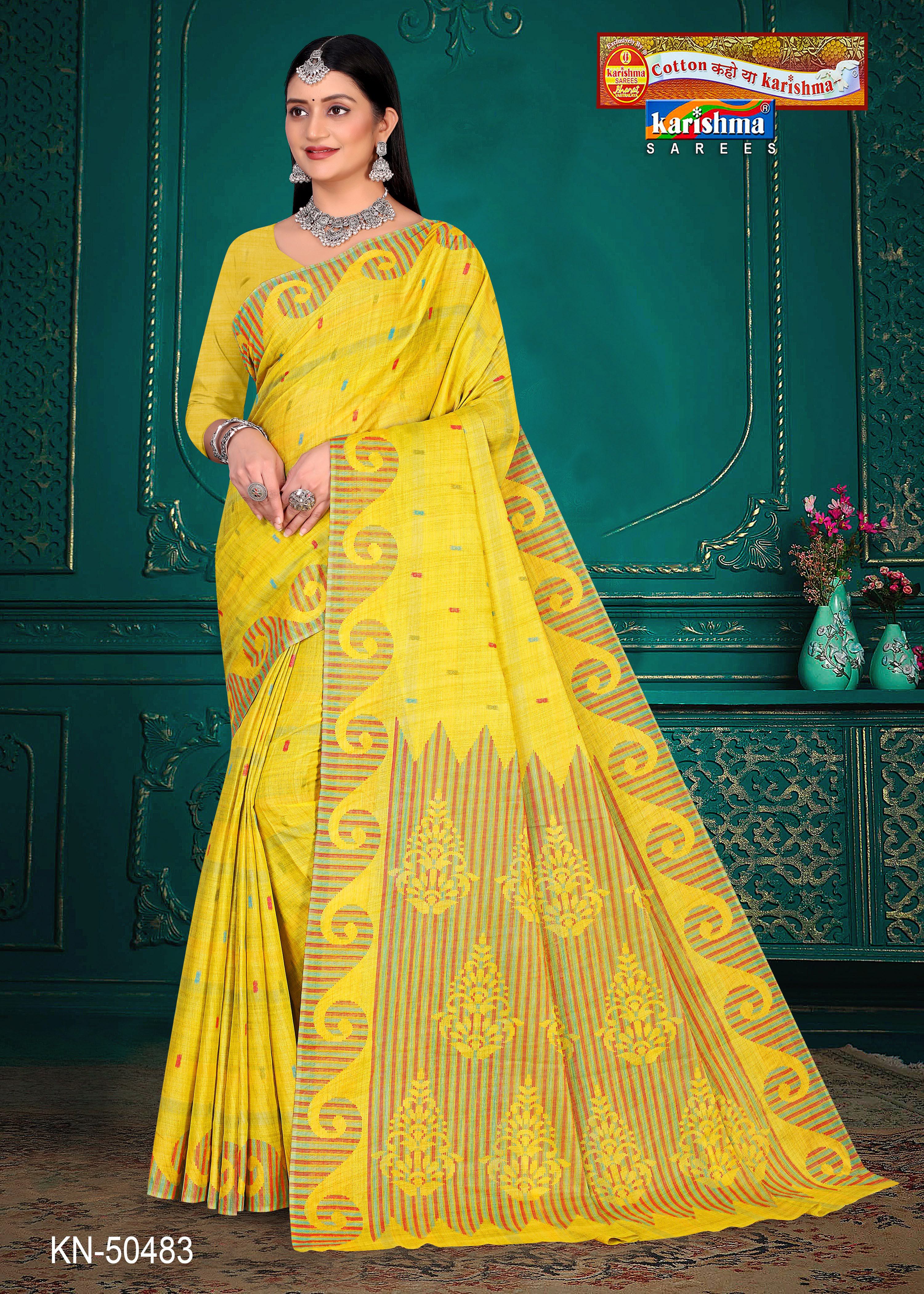 Lemon Yellow Pure Cotton Mulmul (Stiff) Saree With Handloom Style Print