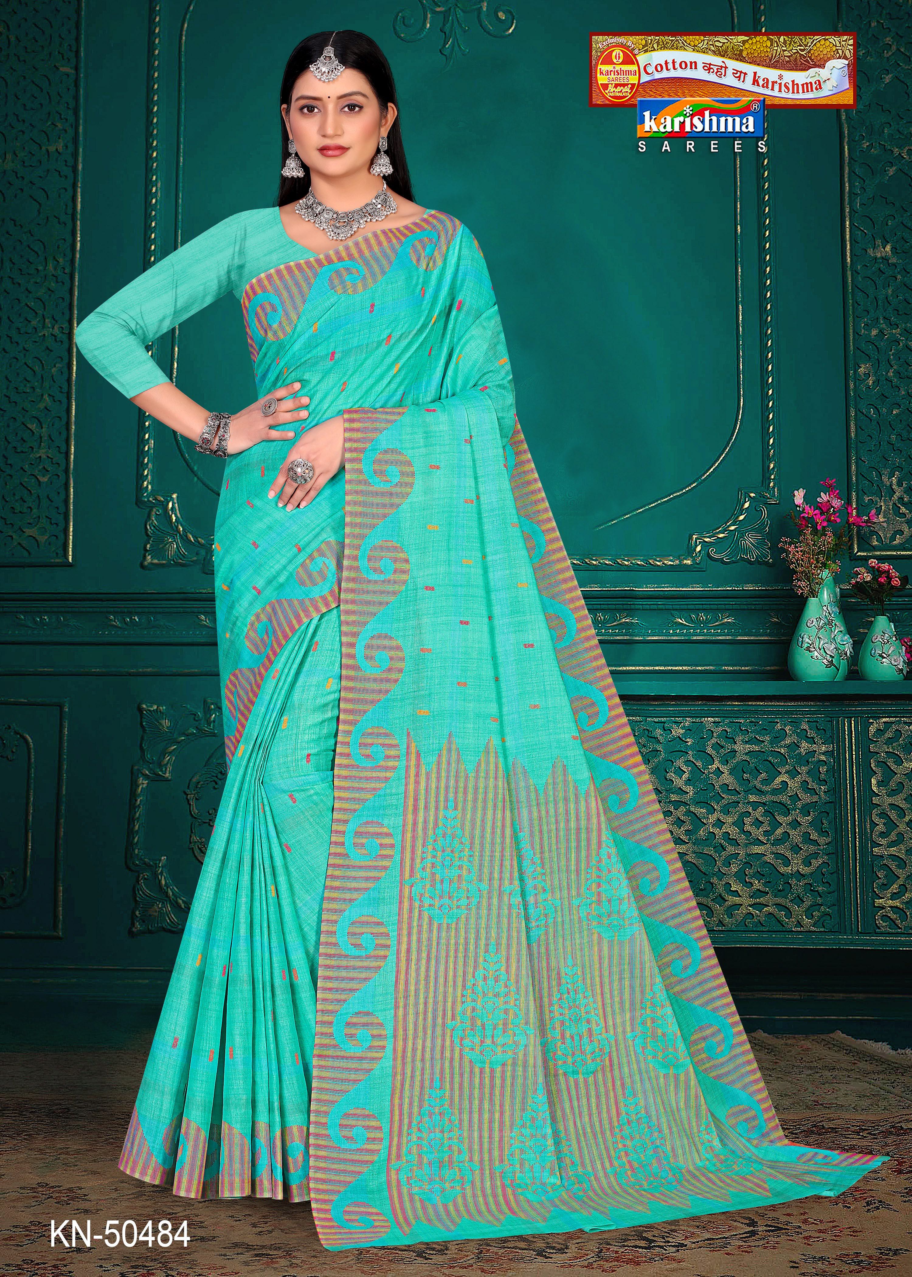 Sea Green Pure Cotton Mulmul (Stiff) Saree With Handloom Style Print