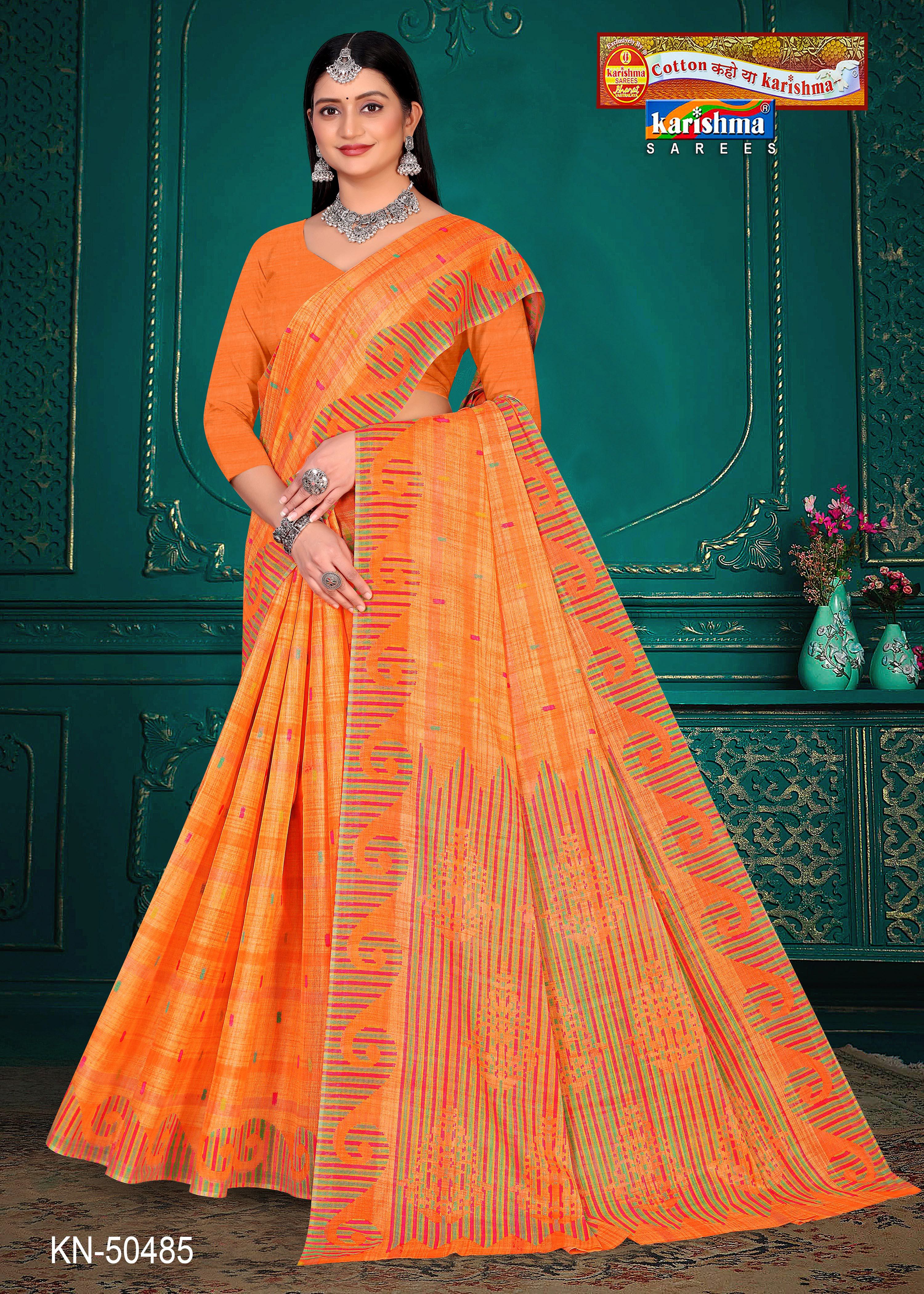 Orange Pure Cotton Mulmul (Stiff) Saree With Handloom Style Print