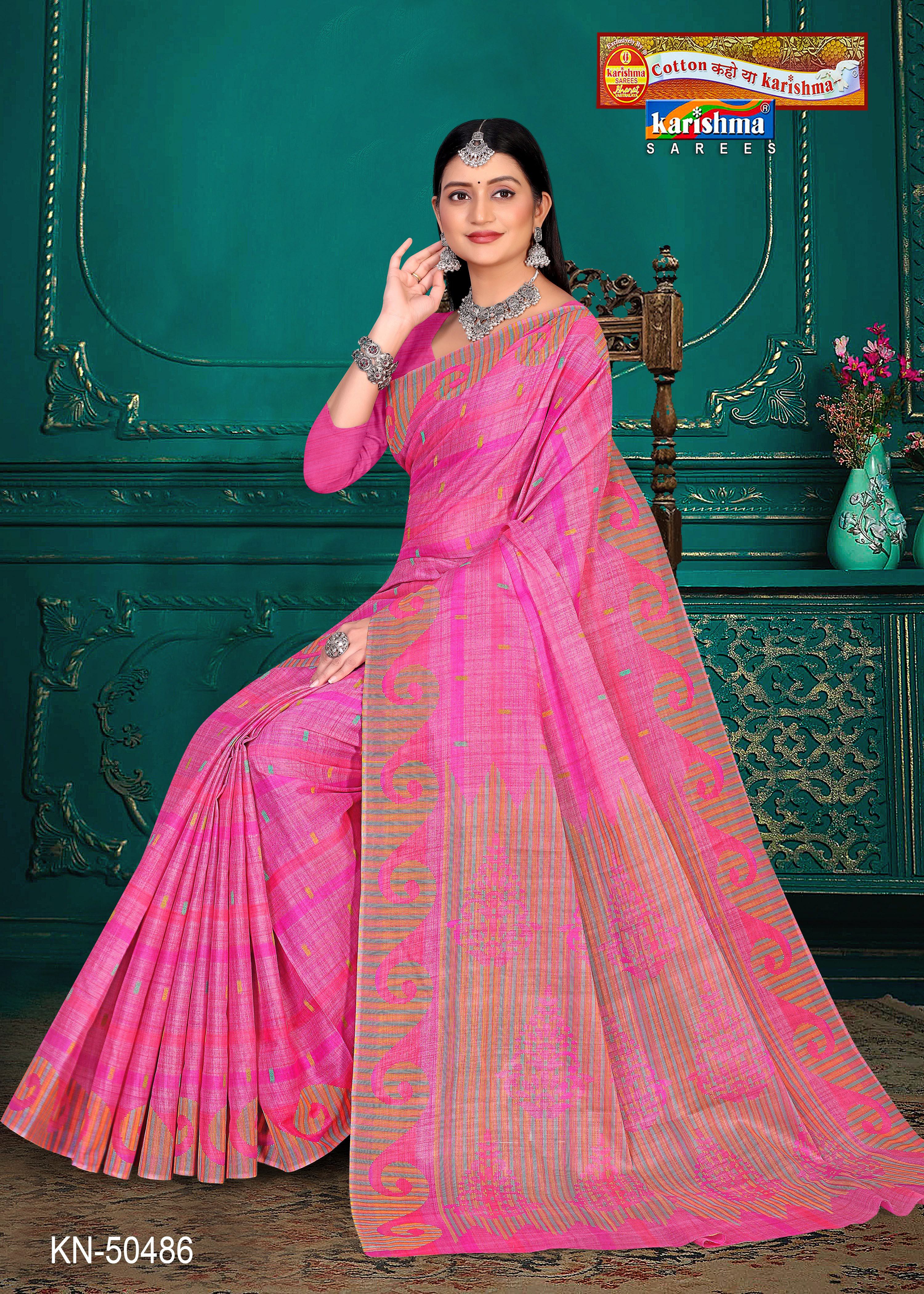 Pink Pure Cotton Mulmul (Stiff) Saree With Handloom Style Print