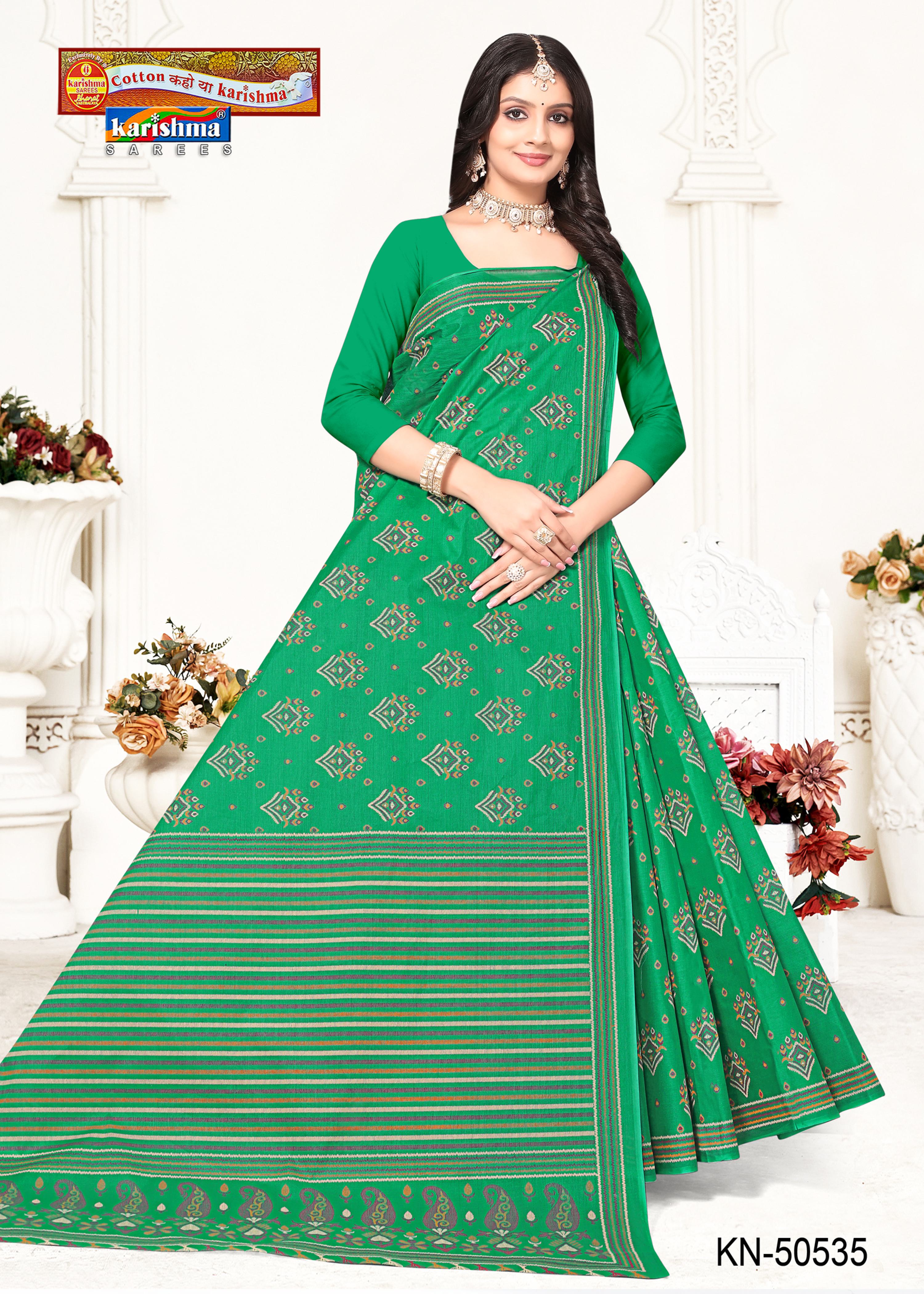 Green Pure Cotton Mulmul (Medium Soft) Saree With Simple But Traditional Print