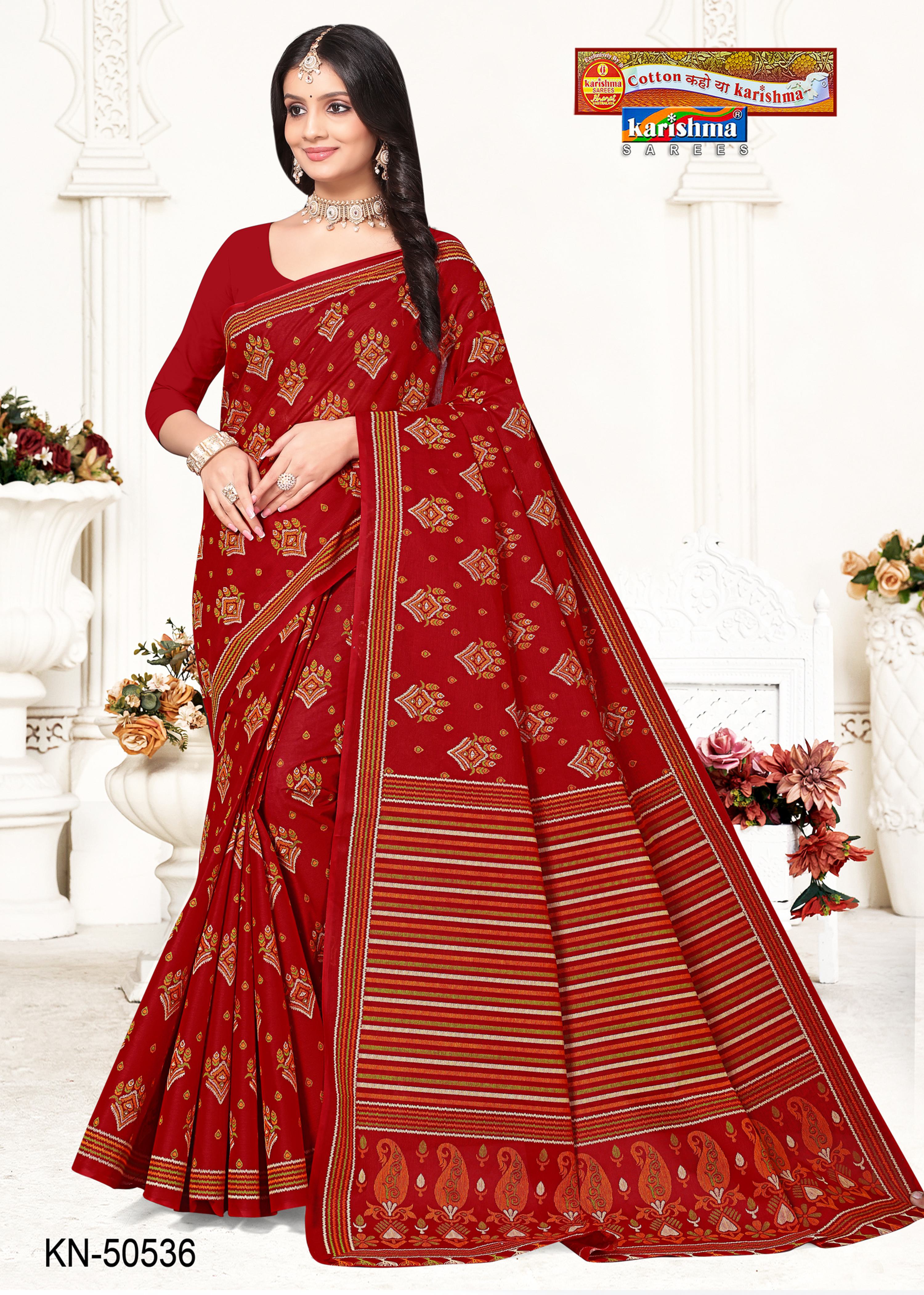 Red Pure Cotton Mulmul (Medium Soft) Saree With Simple But Traditional Print