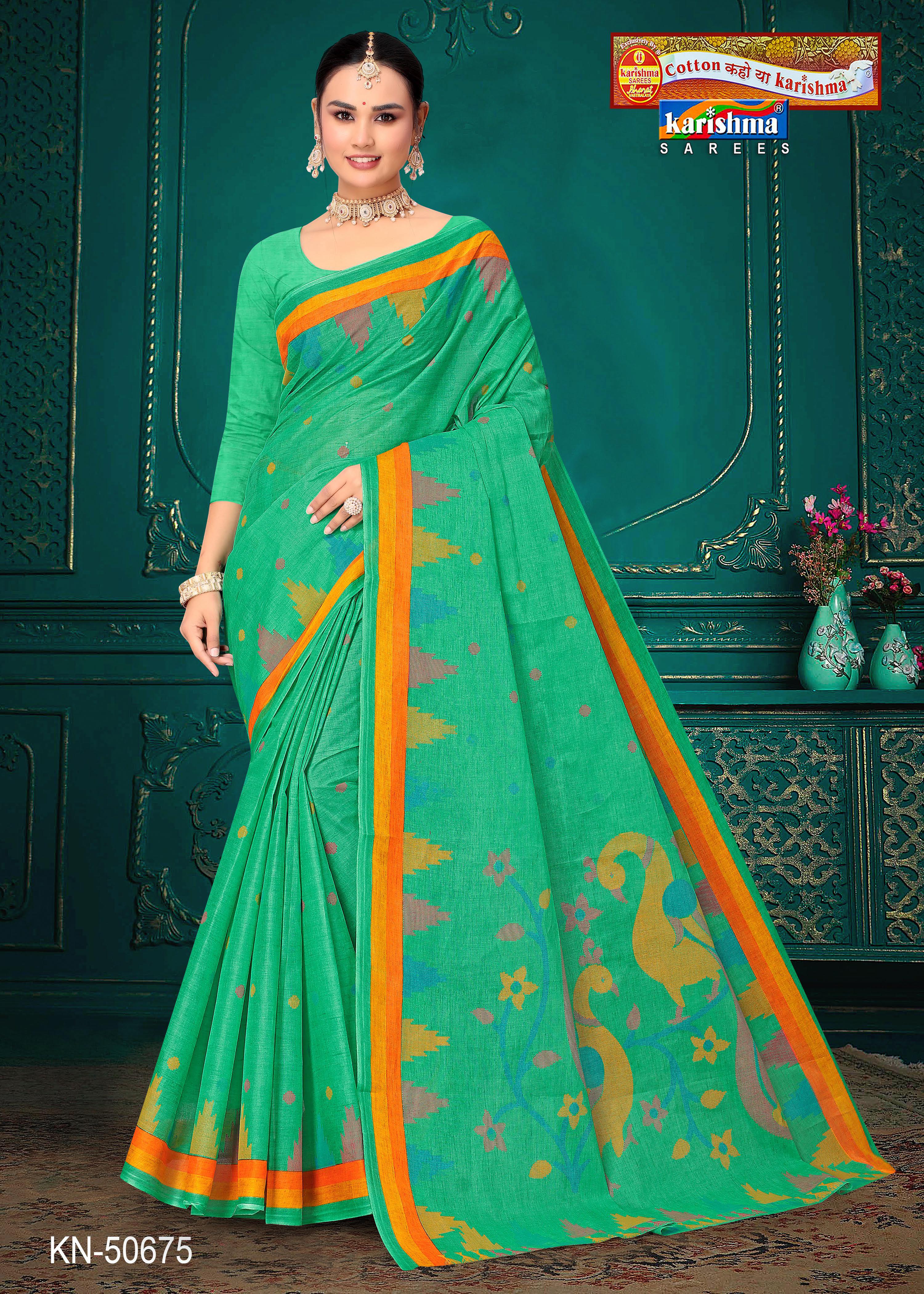 Green Pure Cotton Mulmul (Stiff) Saree With Checks Pattern And Delicate Floral Design