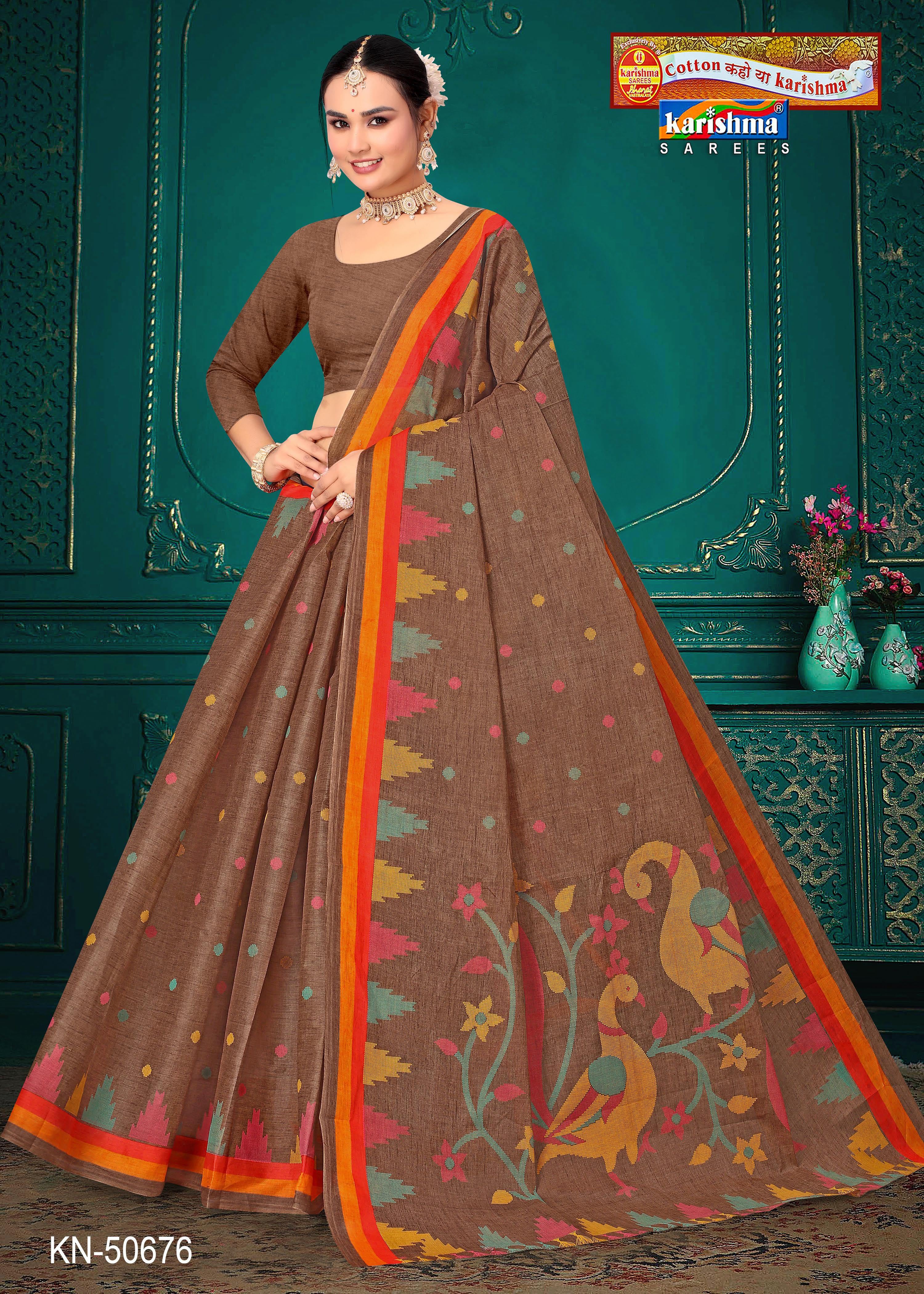 Brown Pure Cotton Mulmul (Stiff) Saree With Checks Pattern And Delicate Floral Design