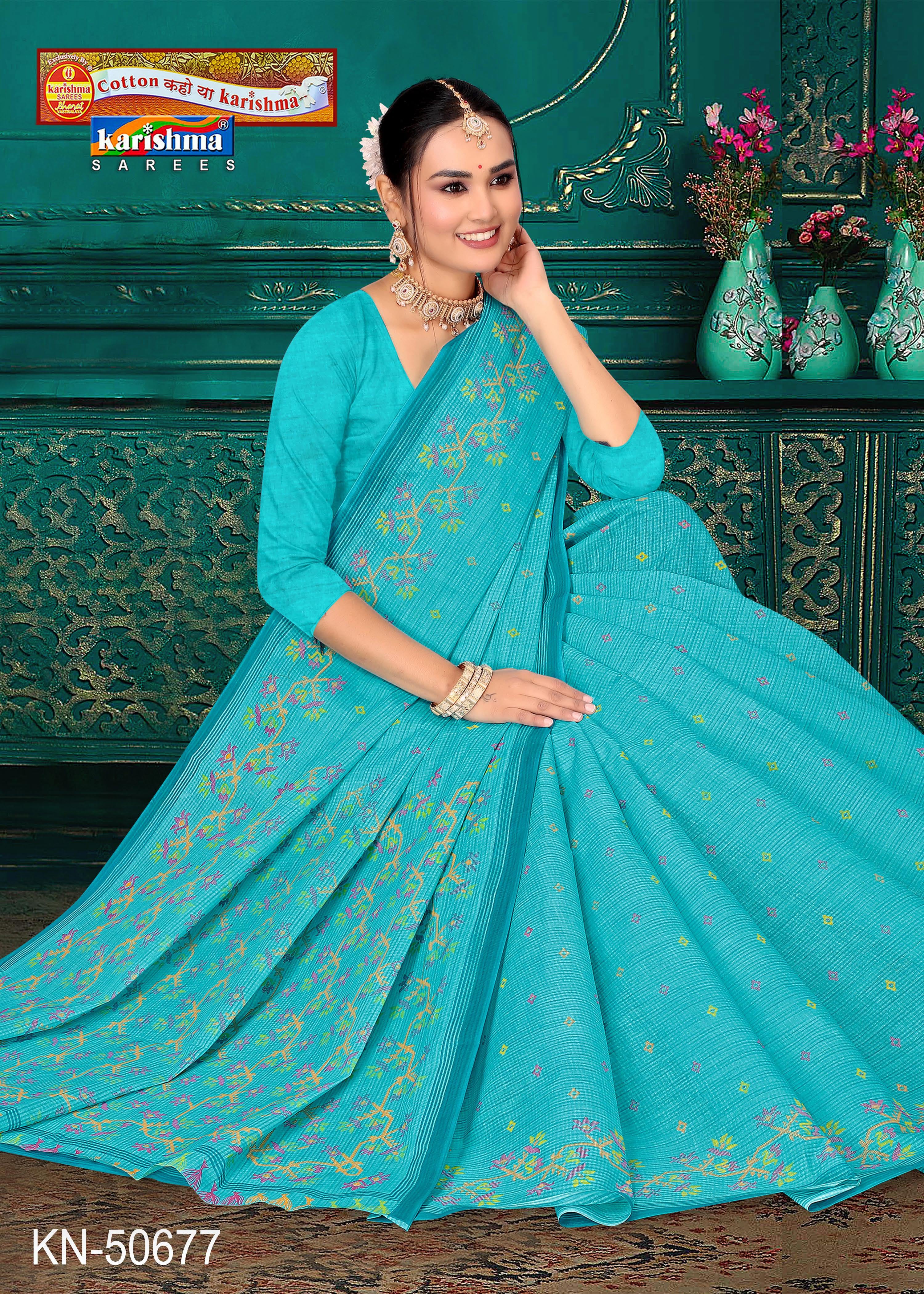 Blue Pure Cotton Mulmul (Stiff) Saree With Checks Pattern And Delicate Floral Design