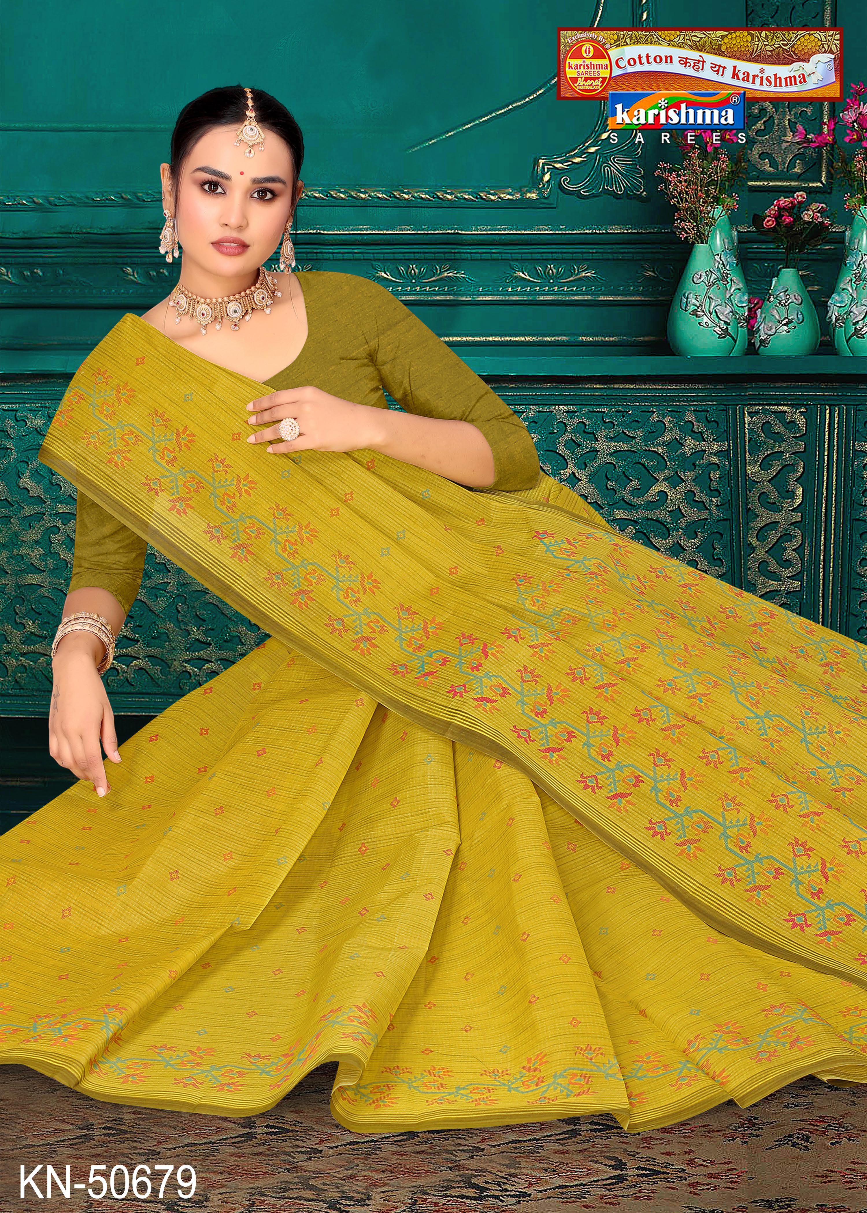 Olive Pure Cotton Mulmul (Stiff) Saree With Checks Pattern And Delicate Floral Design