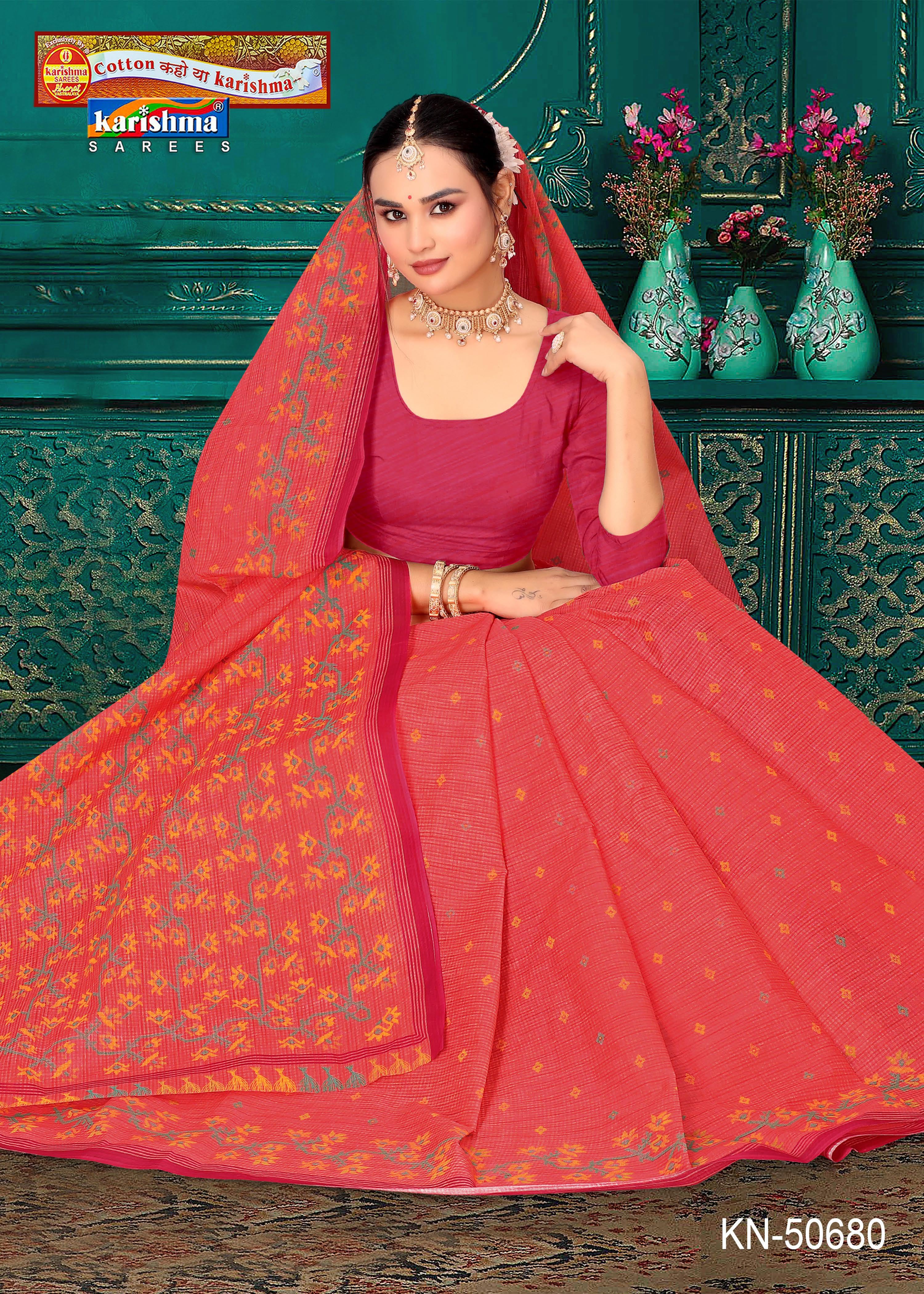 Peach Pure Cotton Mulmul (Stiff) Saree With Checks Pattern And Delicate Floral Design