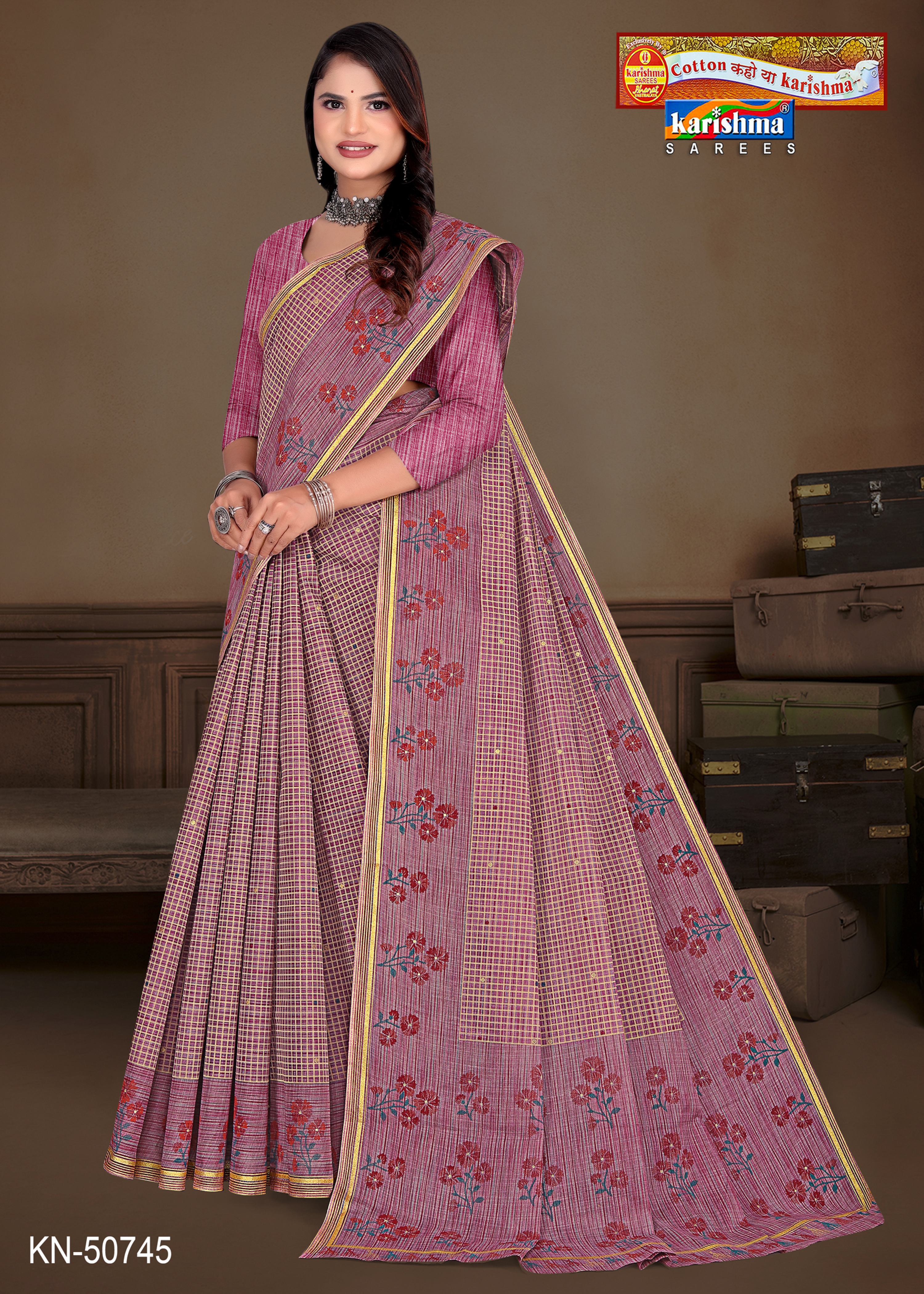 Mauve Pure Cotton Mulmul (Stiff) Saree With Cheks Prints And Floral Border