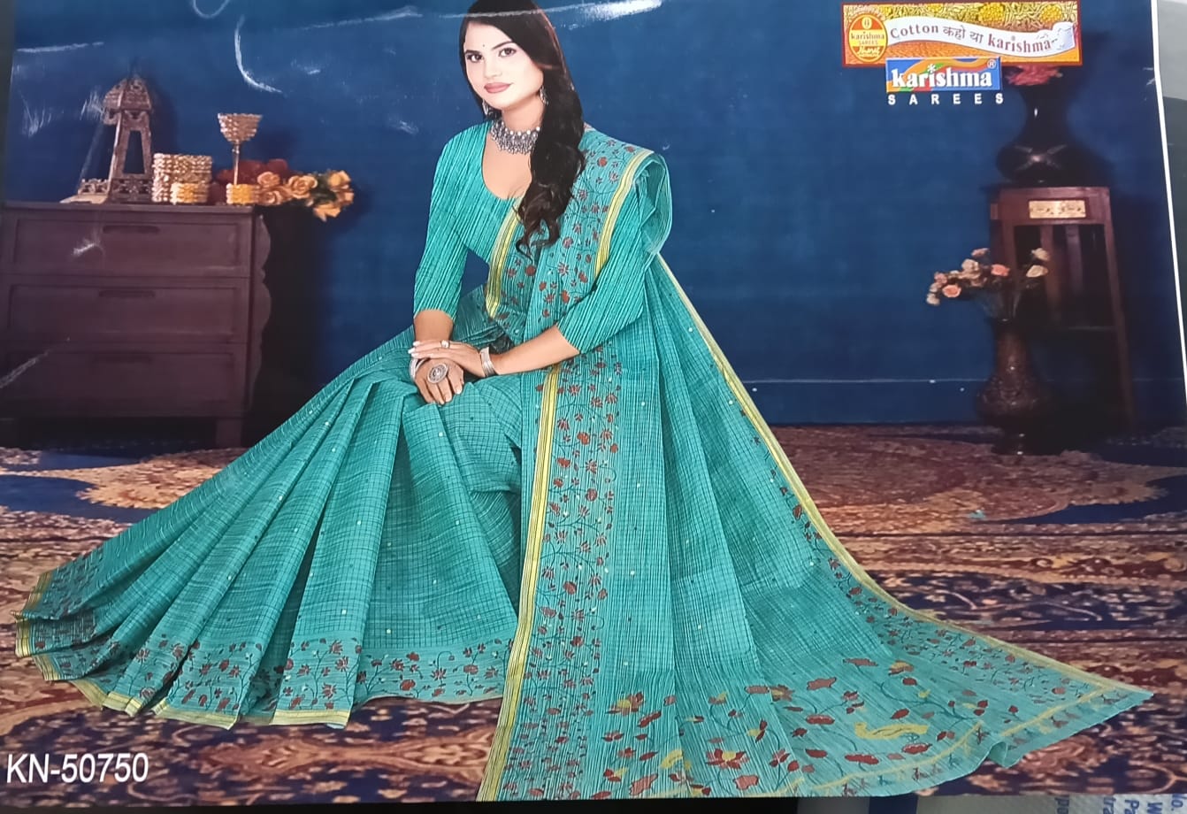 Teal Green Pure Cotton Mulmul (Stiff) Saree With Cheks Prints And Floral Border