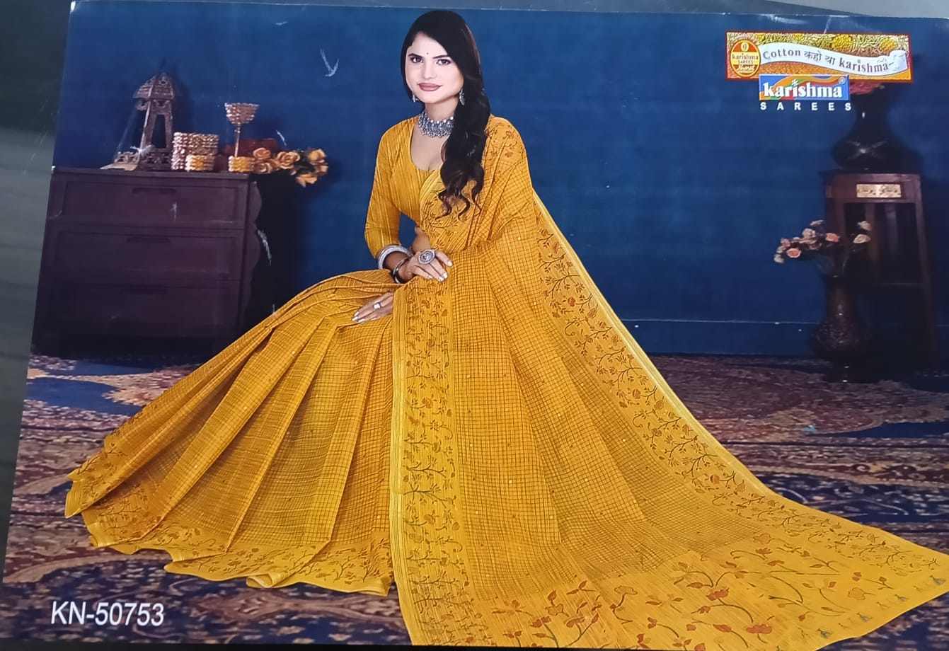 Yellow Pure Cotton Mulmul (Stiff) Saree With Cheks Prints And Floral Border