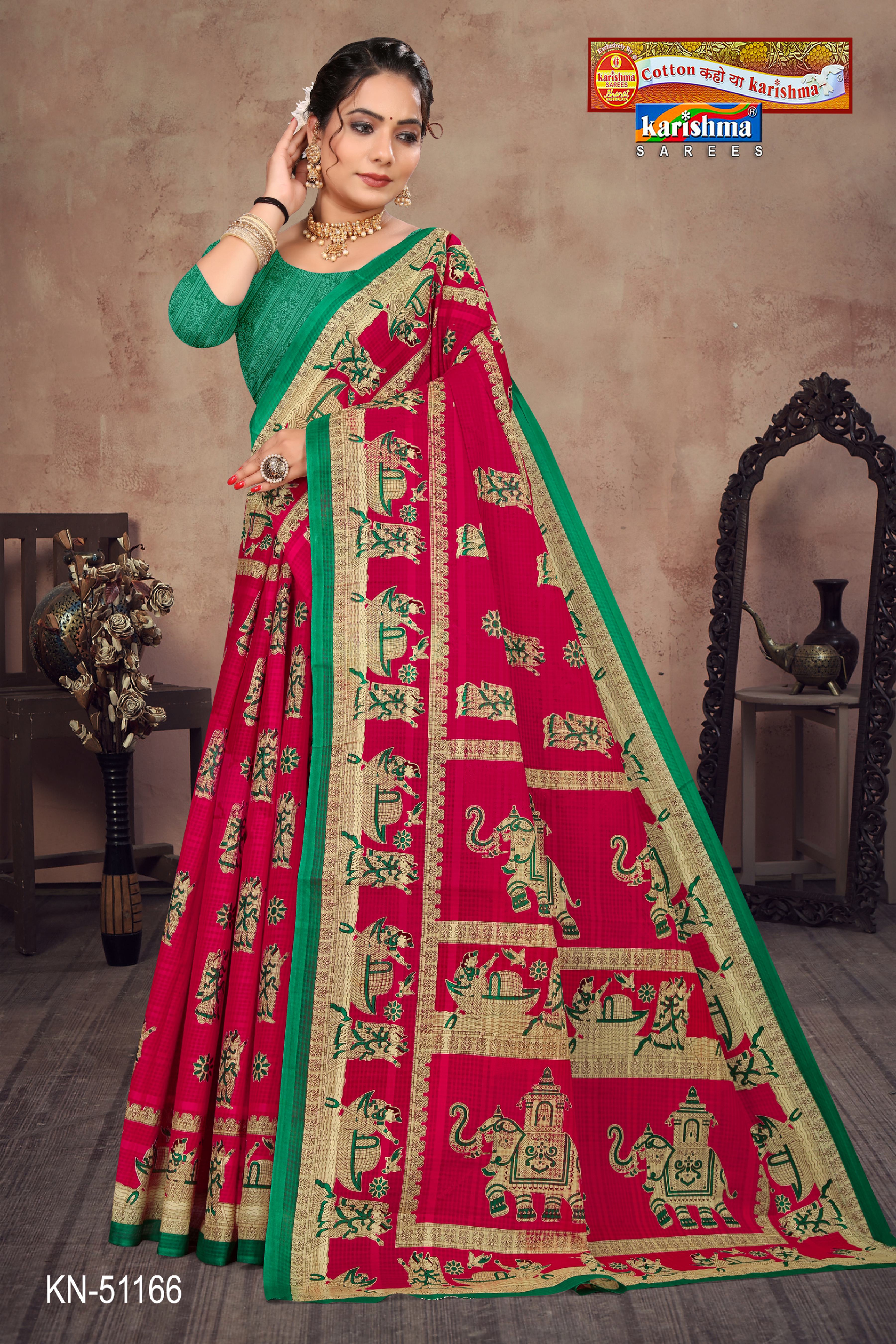 Pink Pure Cotton Mulmul (Stiff) Saree With Figure And Elephant Print