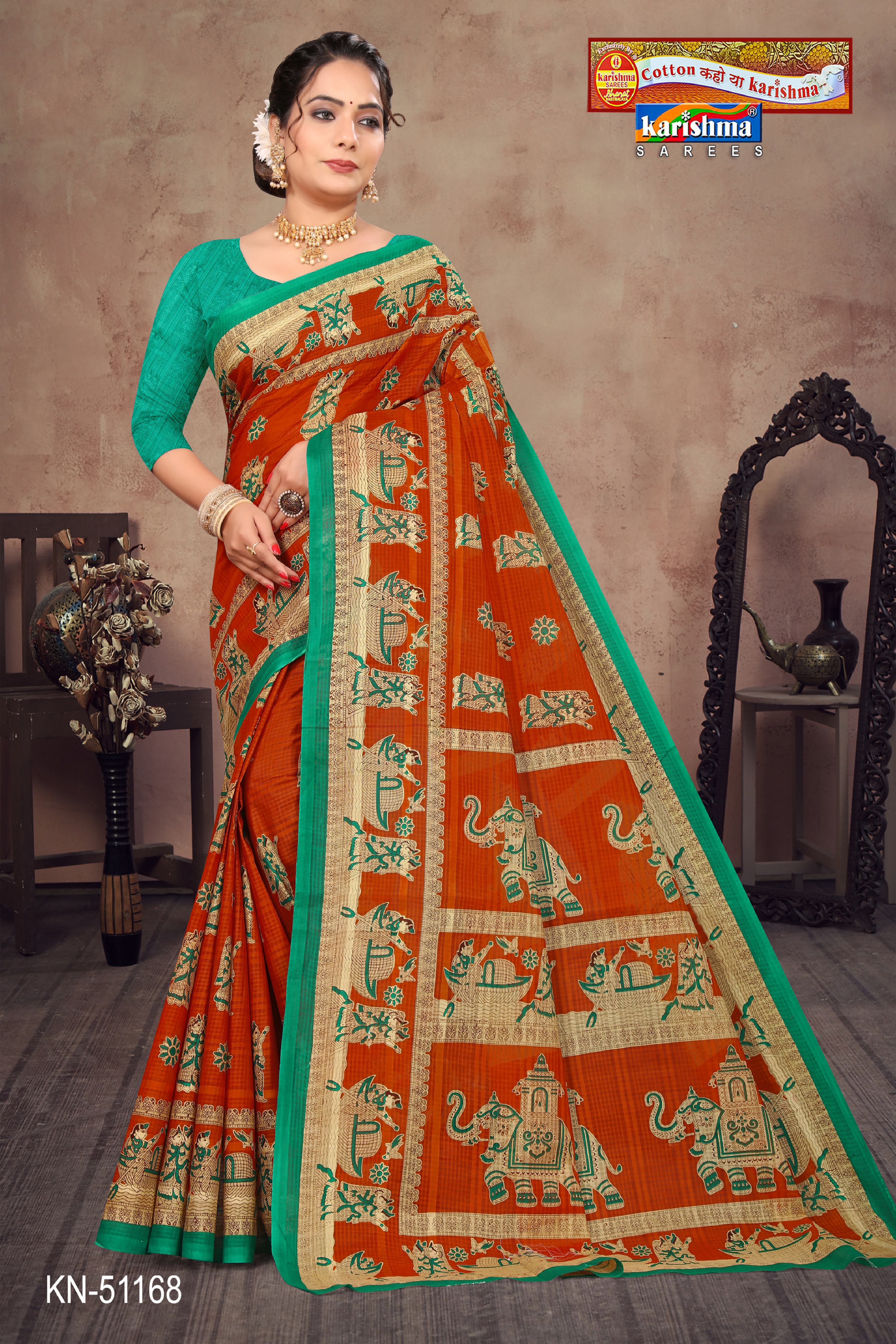 Orange Pure Cotton Mulmul (Stiff) Saree With Figure And Elephant Print