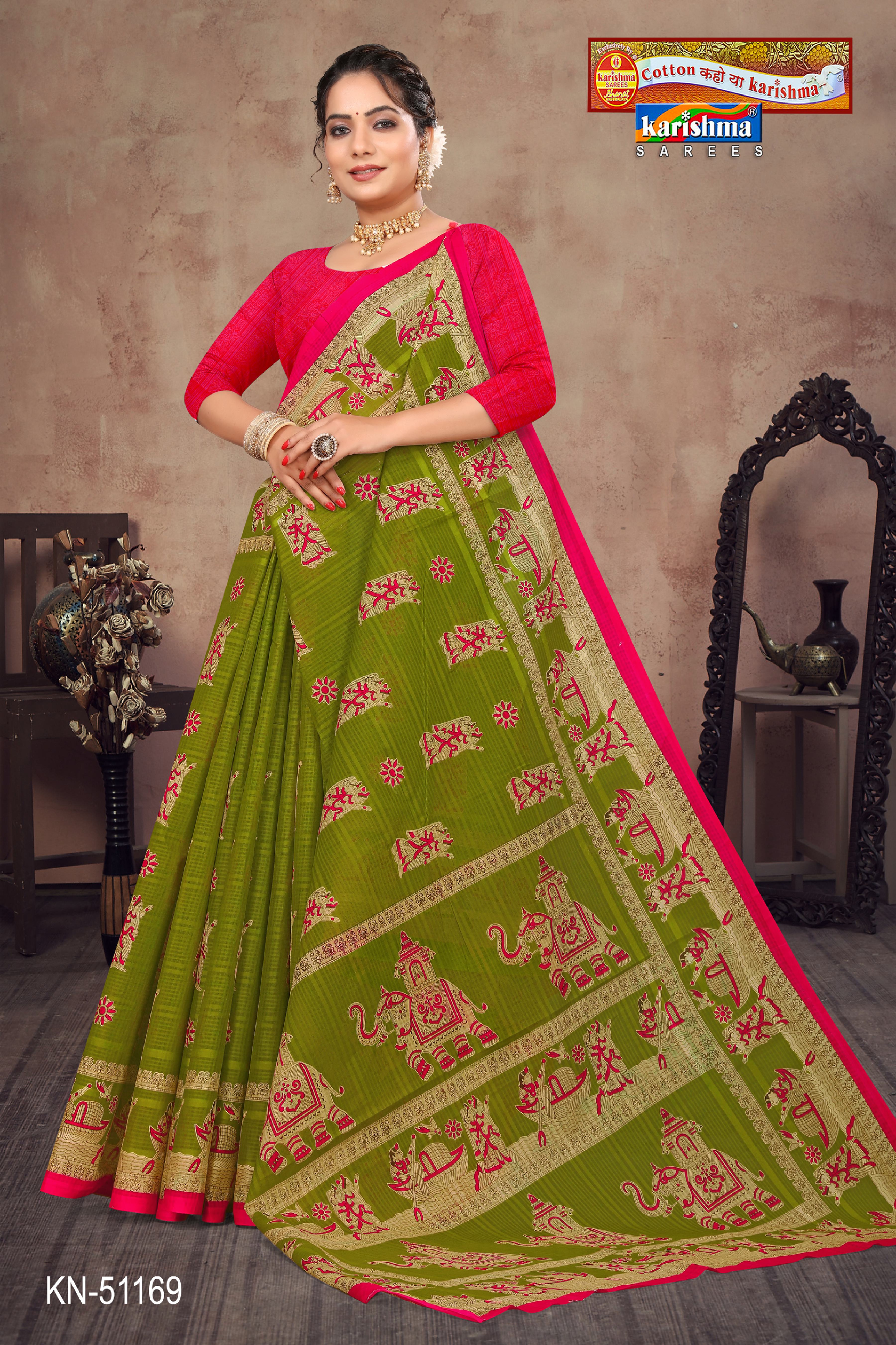 Olive Pure Cotton Mulmul (Stiff) Saree With Figure And Elephant Print