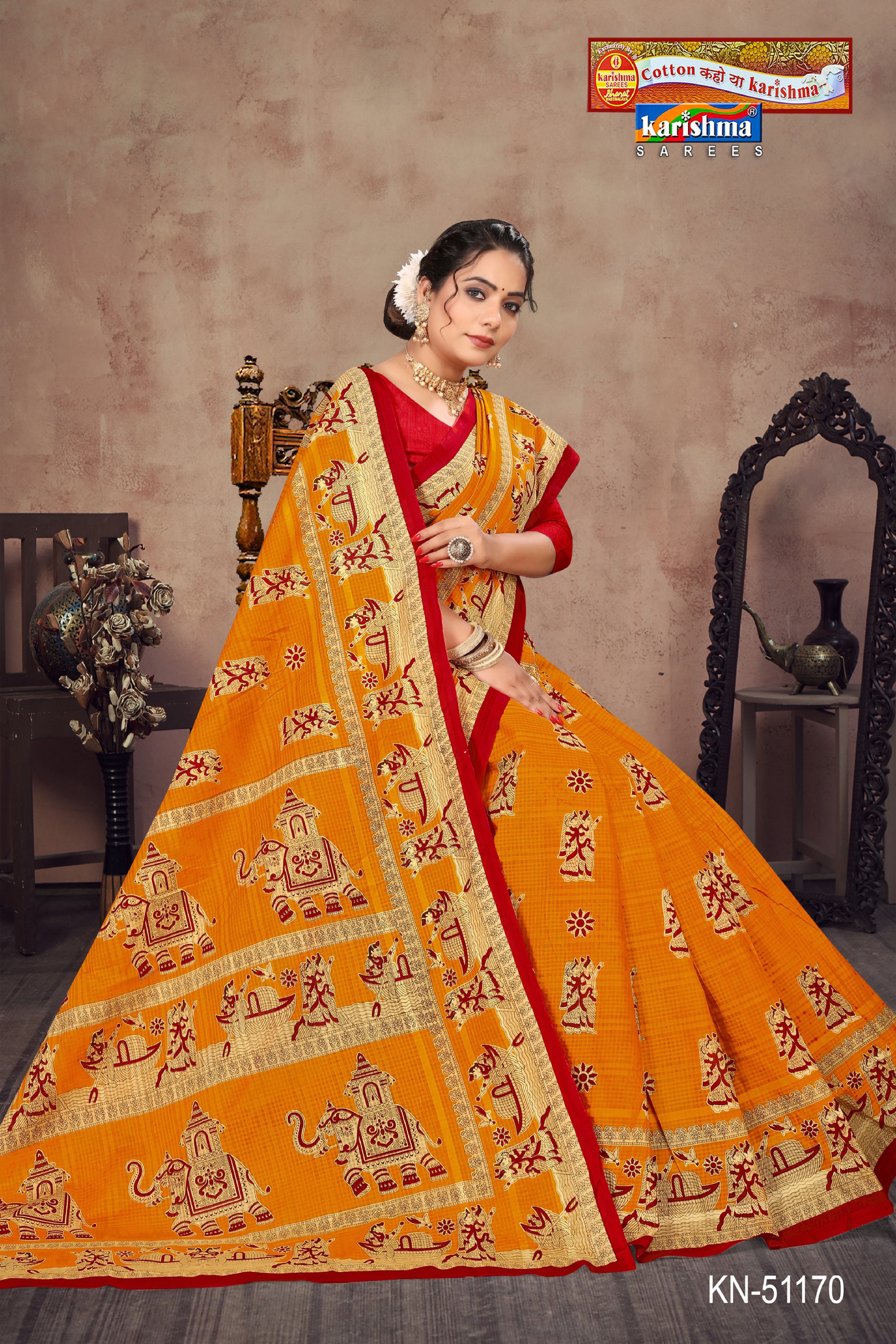 Yellow Pure Cotton Mulmul (Stiff) Saree With Figure And Elephant Print