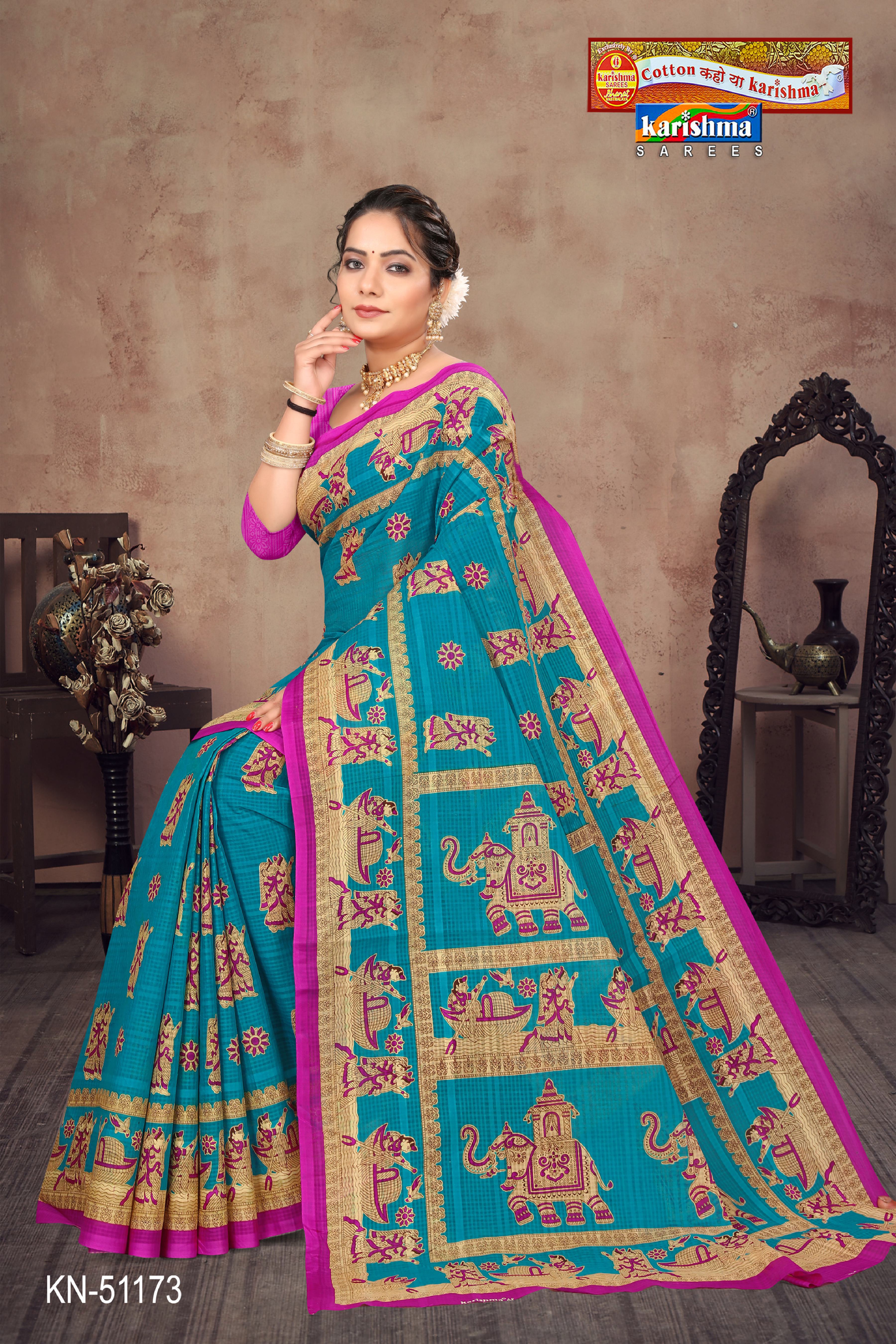 Blue Pure Cotton Mulmul (Stiff) Saree With Figure And Elephant Print