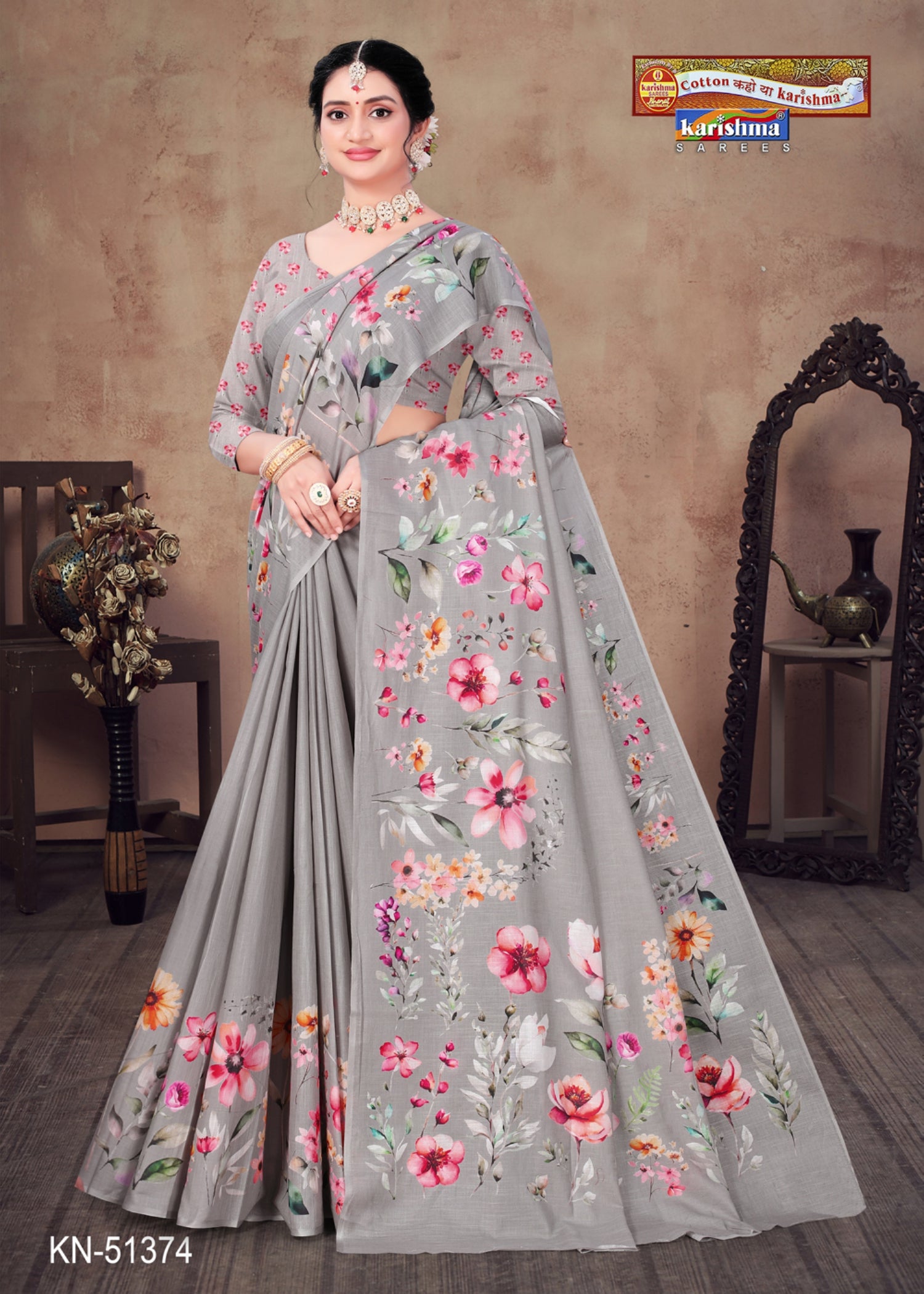 Grey Yellow Purple Pure Cotton Malai (Soft) Saree With Vibrant Floral Design & Elegant Border