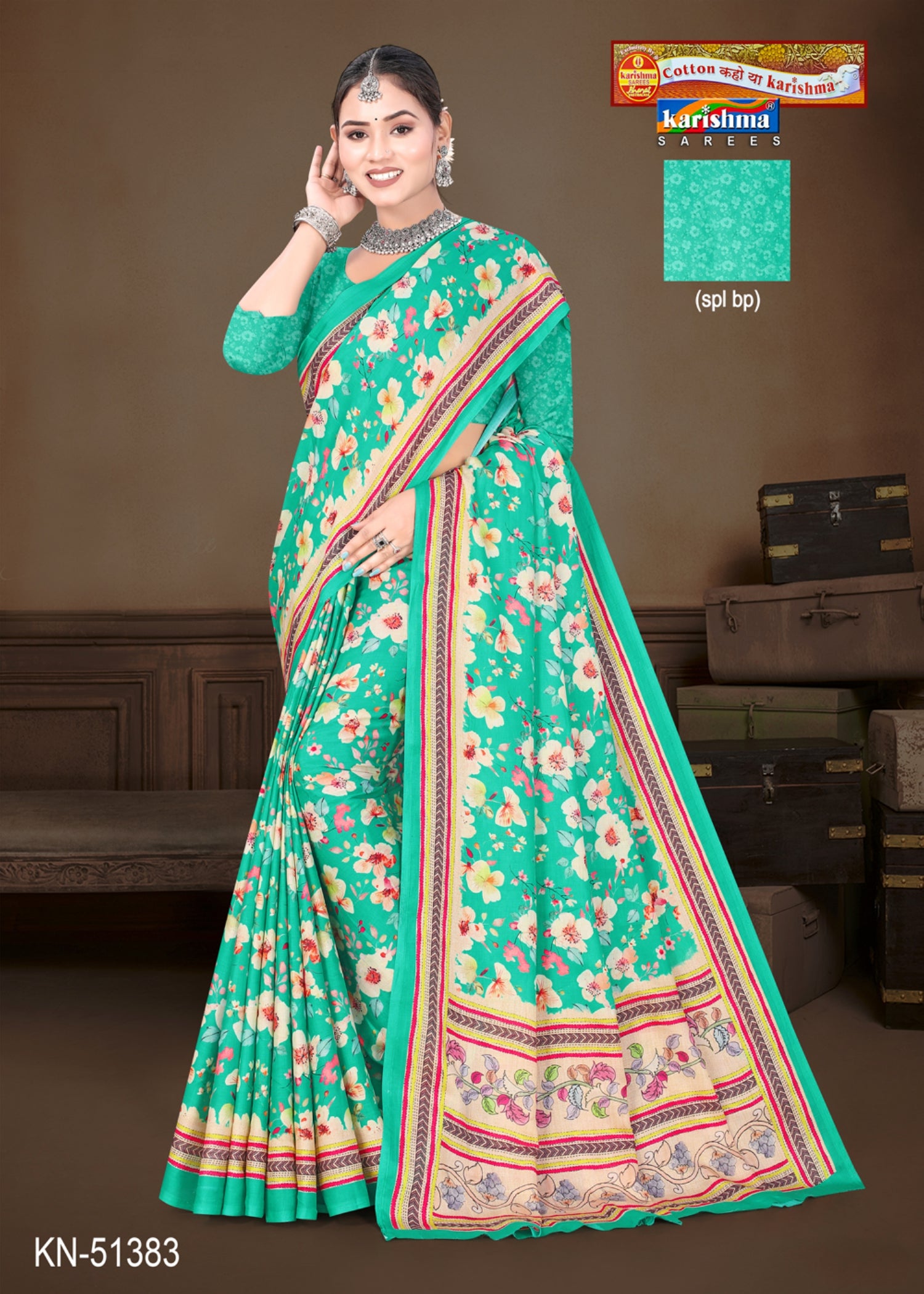 Green Colour Pure Cotton Malai (Soft) Saree With Vibrant Floral Design & Elegant Border